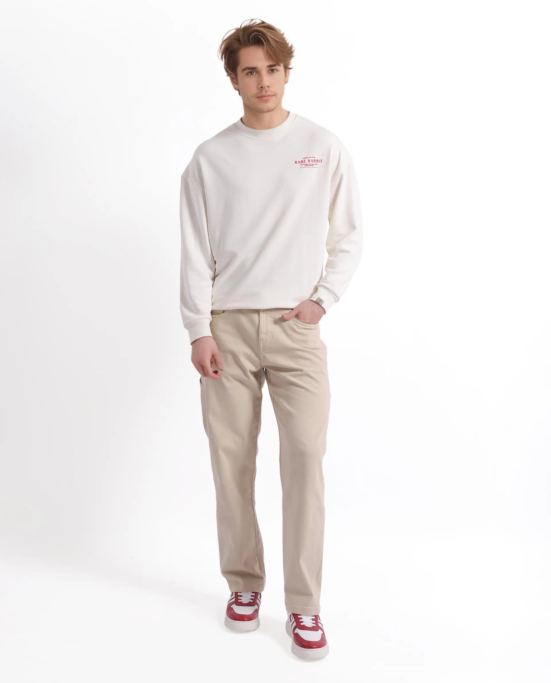 Rare Rabbit Men's Ore Off White Cotton Blend Fabric Full Sleeve Crew Neck Boxy Fit Printed Sweatshirt