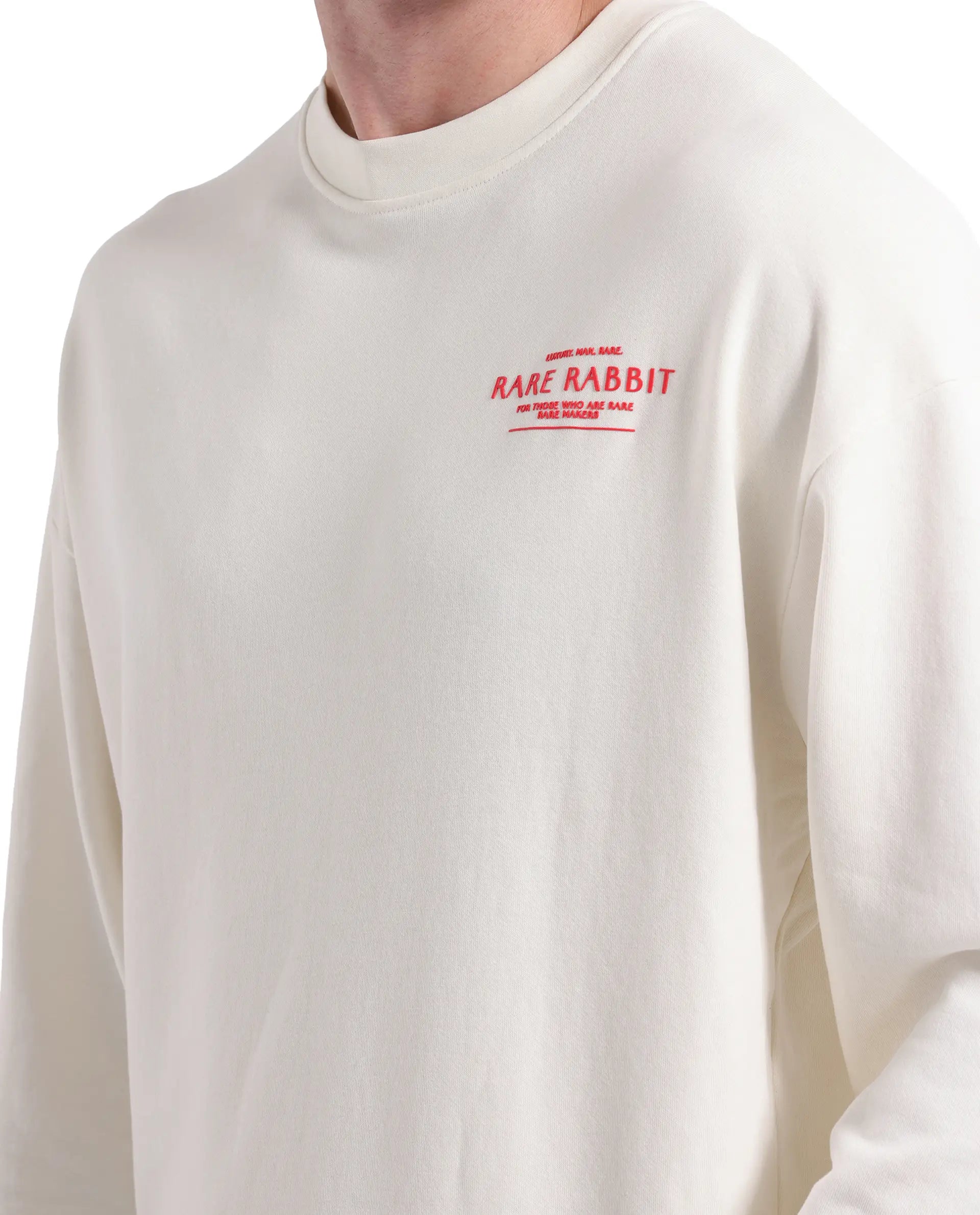 Rare Rabbit Men's Ore Off White Cotton Blend Fabric Full Sleeve Crew Neck Boxy Fit Printed Sweatshirt