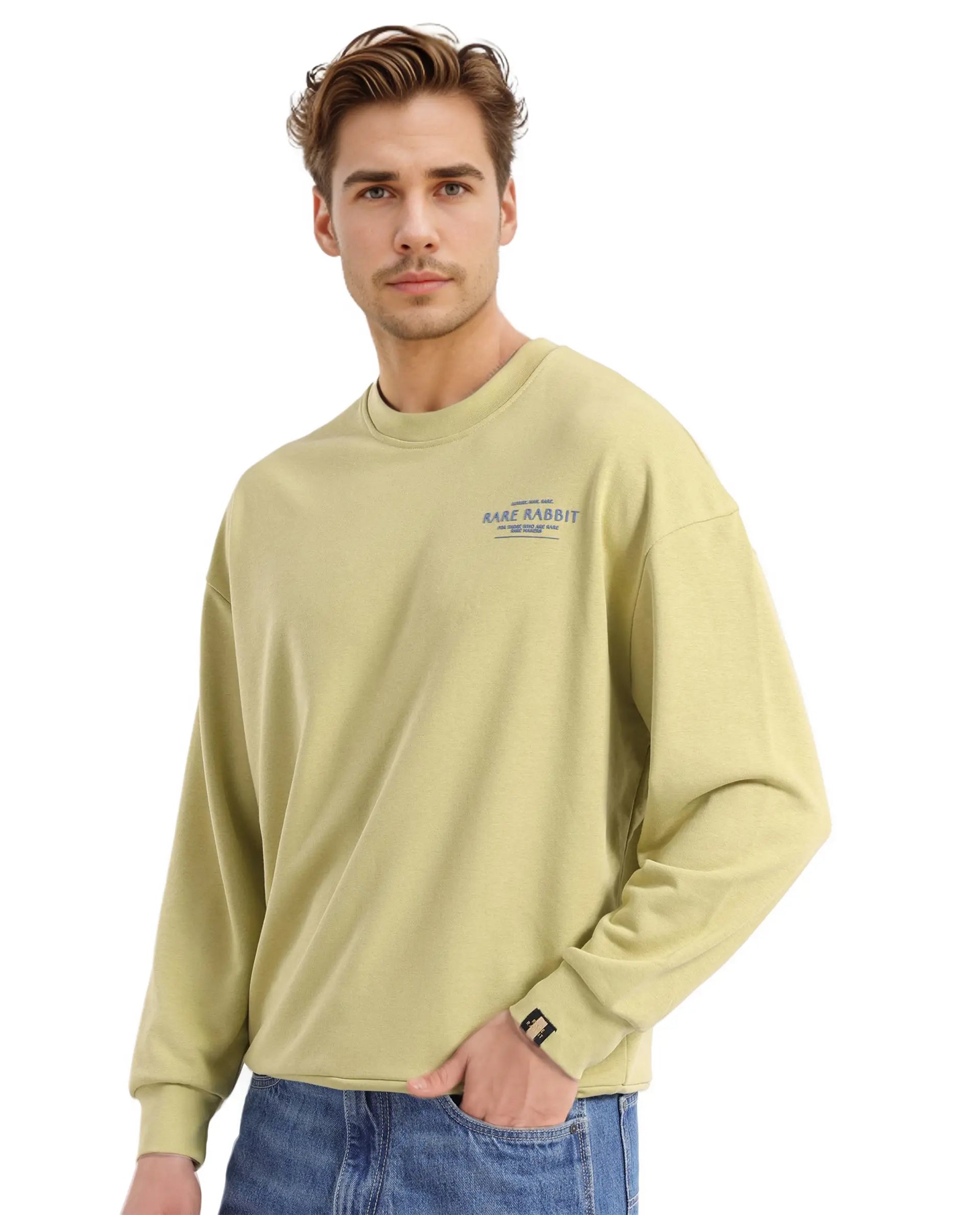 Rare Rabbit Men's Ore Pastel Green Cotton Blend Fabric Full Sleeve Crew Neck Boxy Fit Printed Sweatshirt