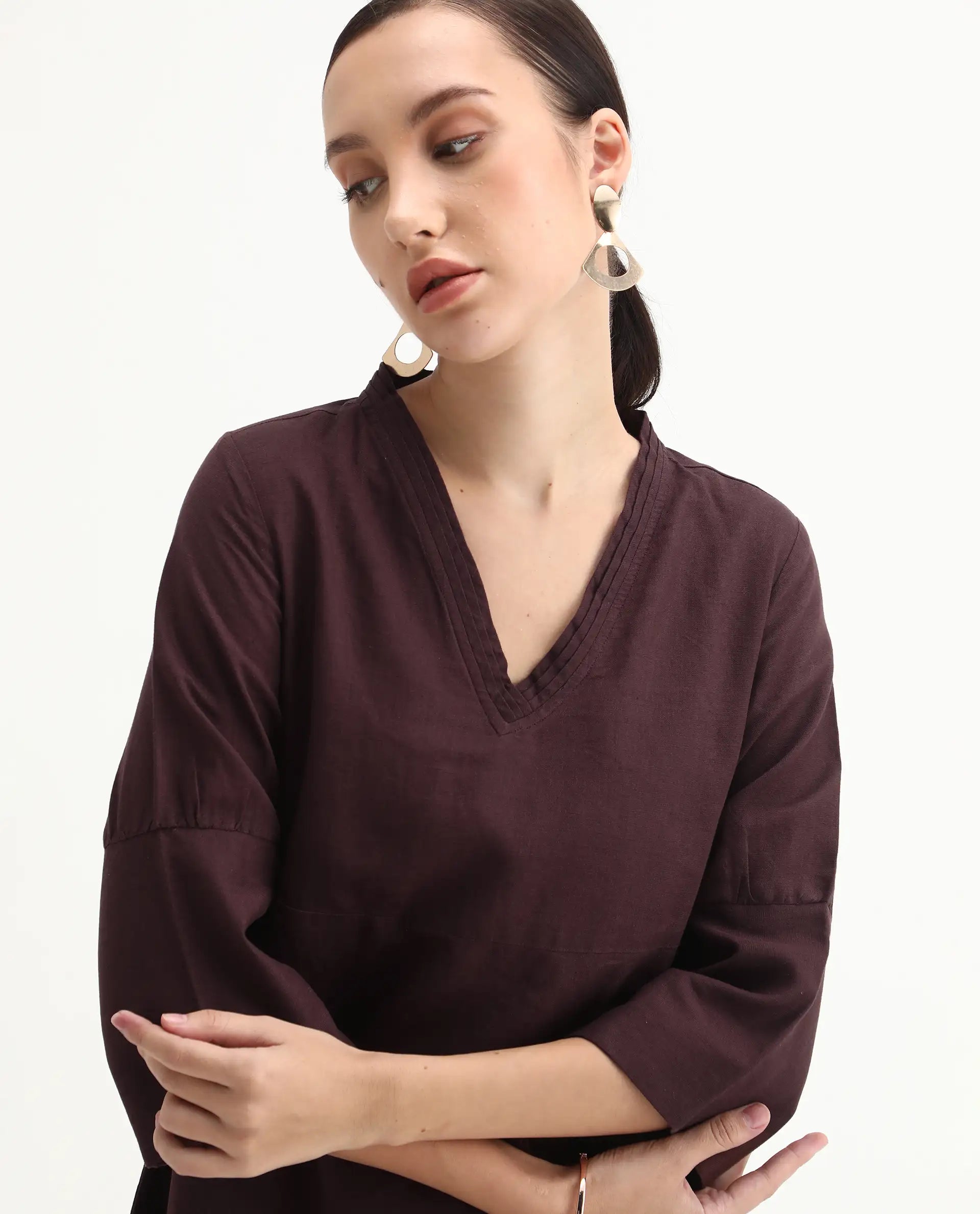 Rareism Women's Orie Brown Linen V-Neck Plain Midi Relaxed Fit Dress