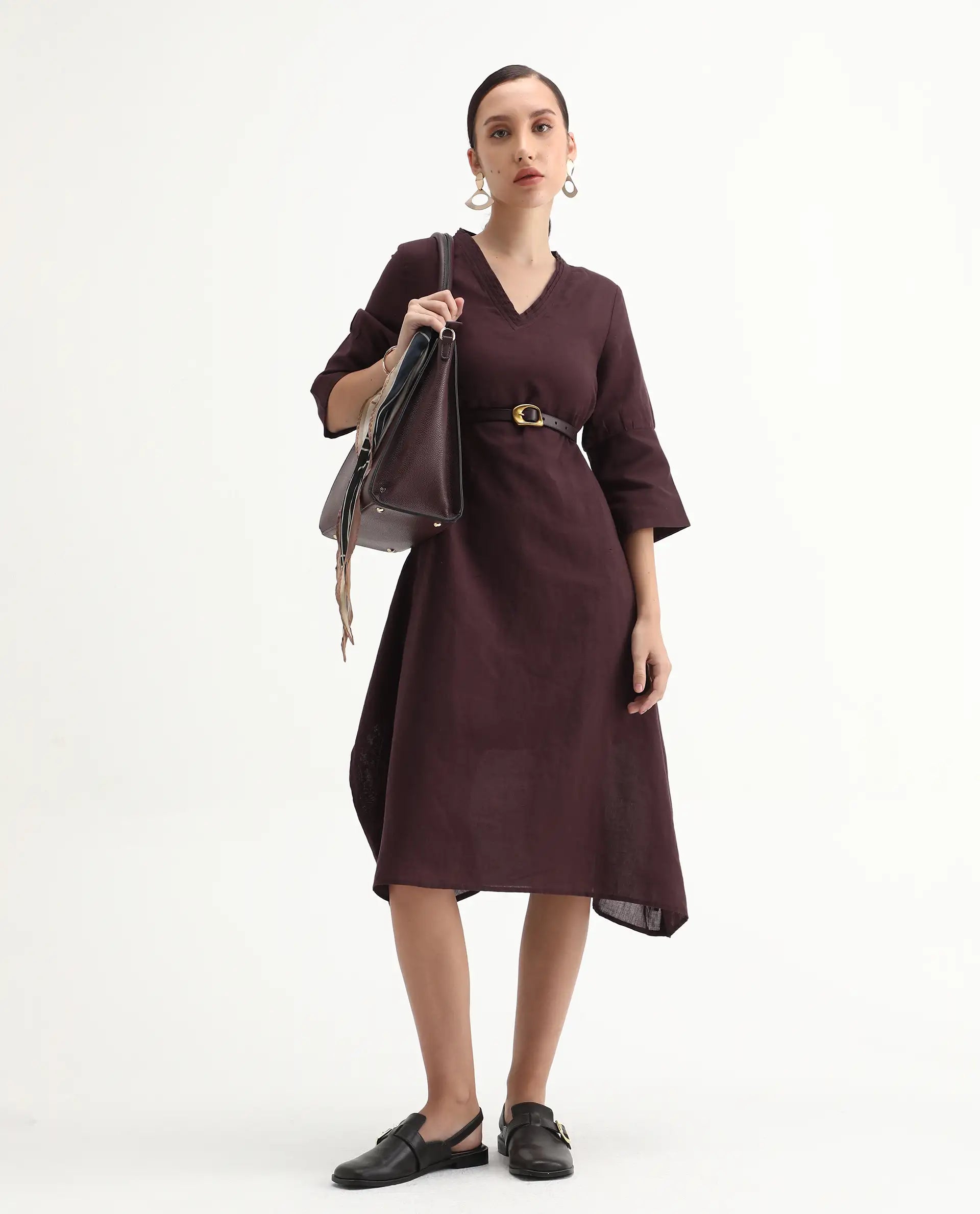 Rareism Women's Orie Brown Linen V-Neck Plain Midi Relaxed Fit Dress