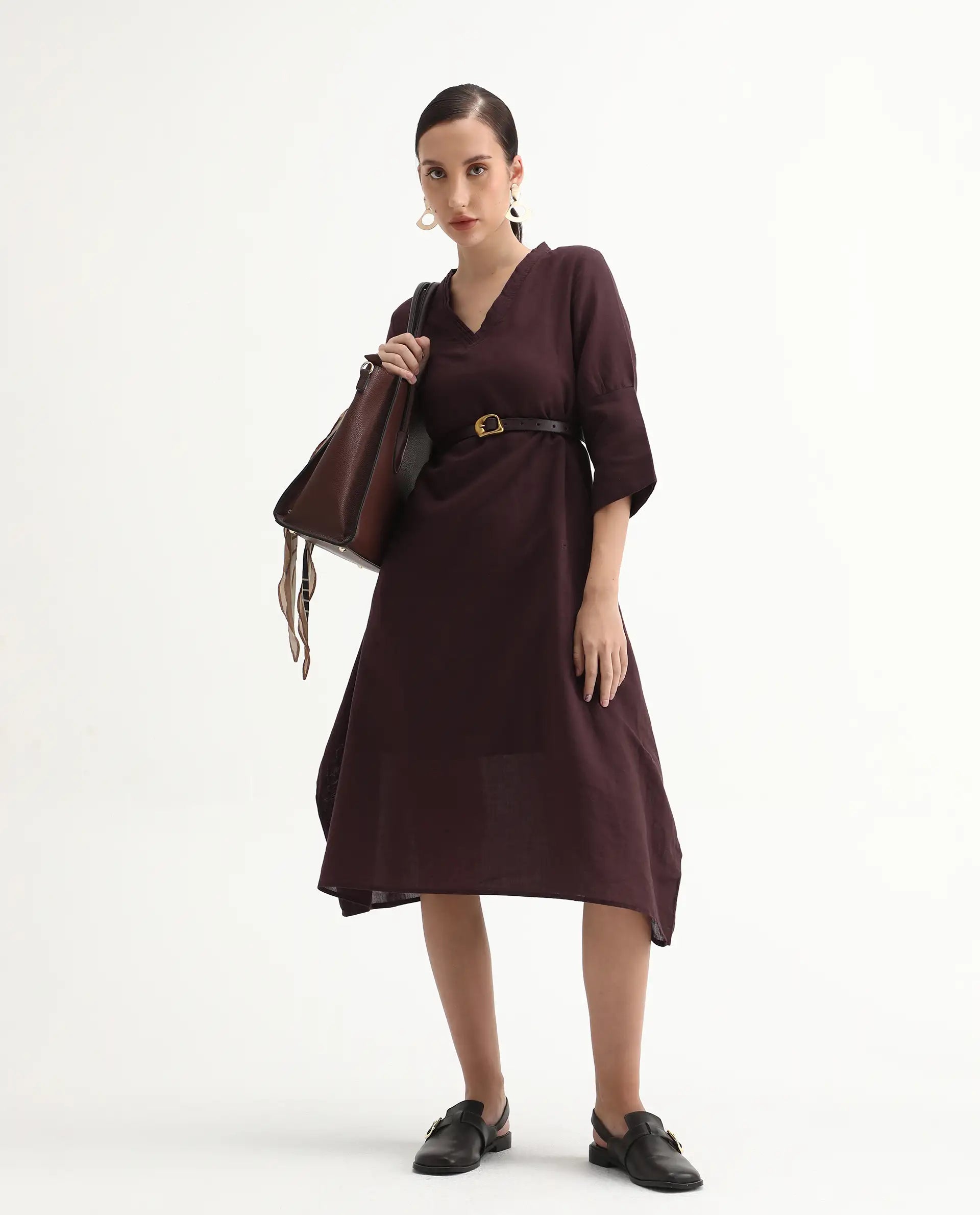 Rareism Women's Orie Brown Linen V-Neck Plain Midi Relaxed Fit Dress