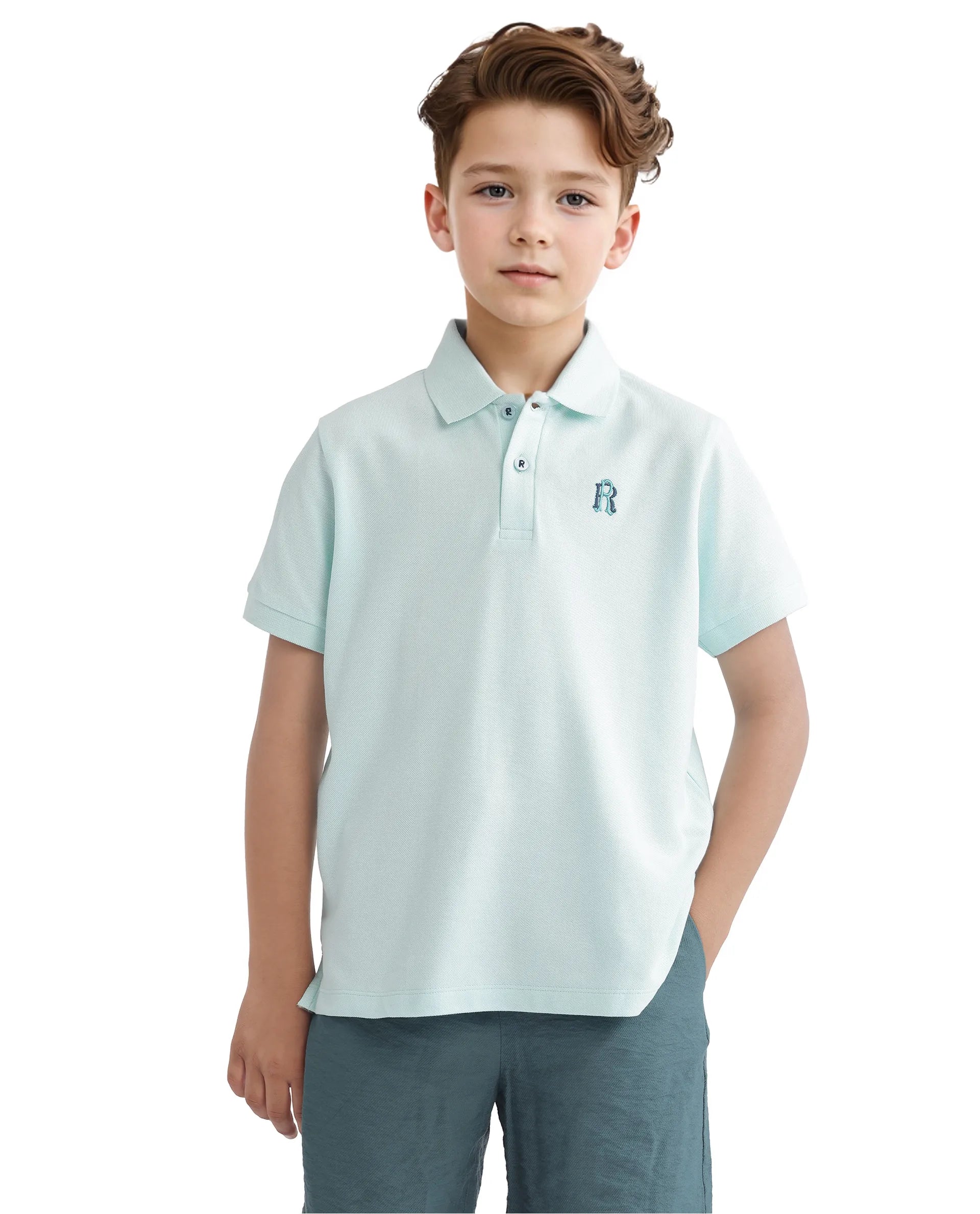 Rare Ones Kids Orik Light Turq Cotton Short Sleeve Embroidered Regular Fit Polo