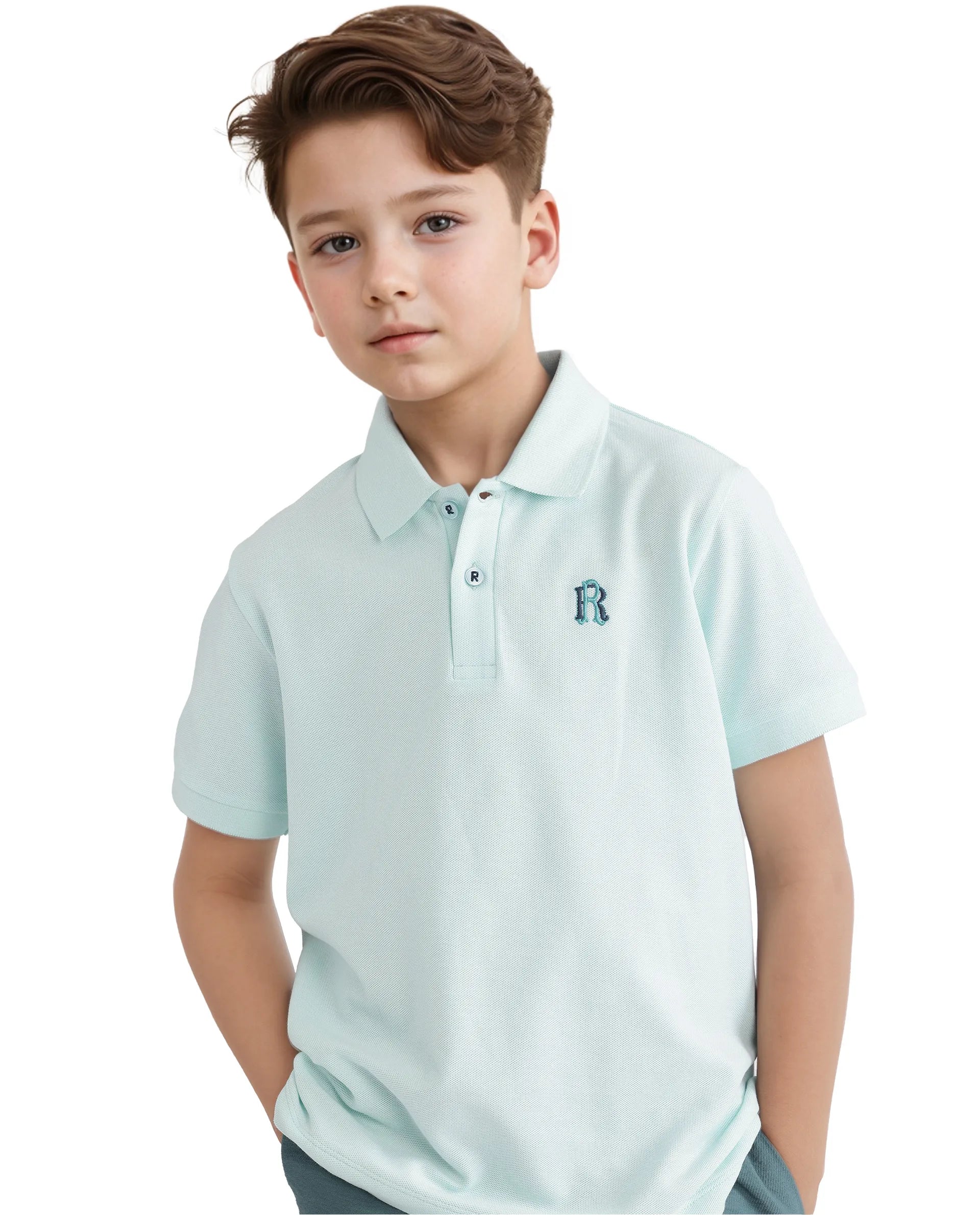Rare Ones Kids Orik Light Turq Cotton Short Sleeve Embroidered Regular Fit Polo