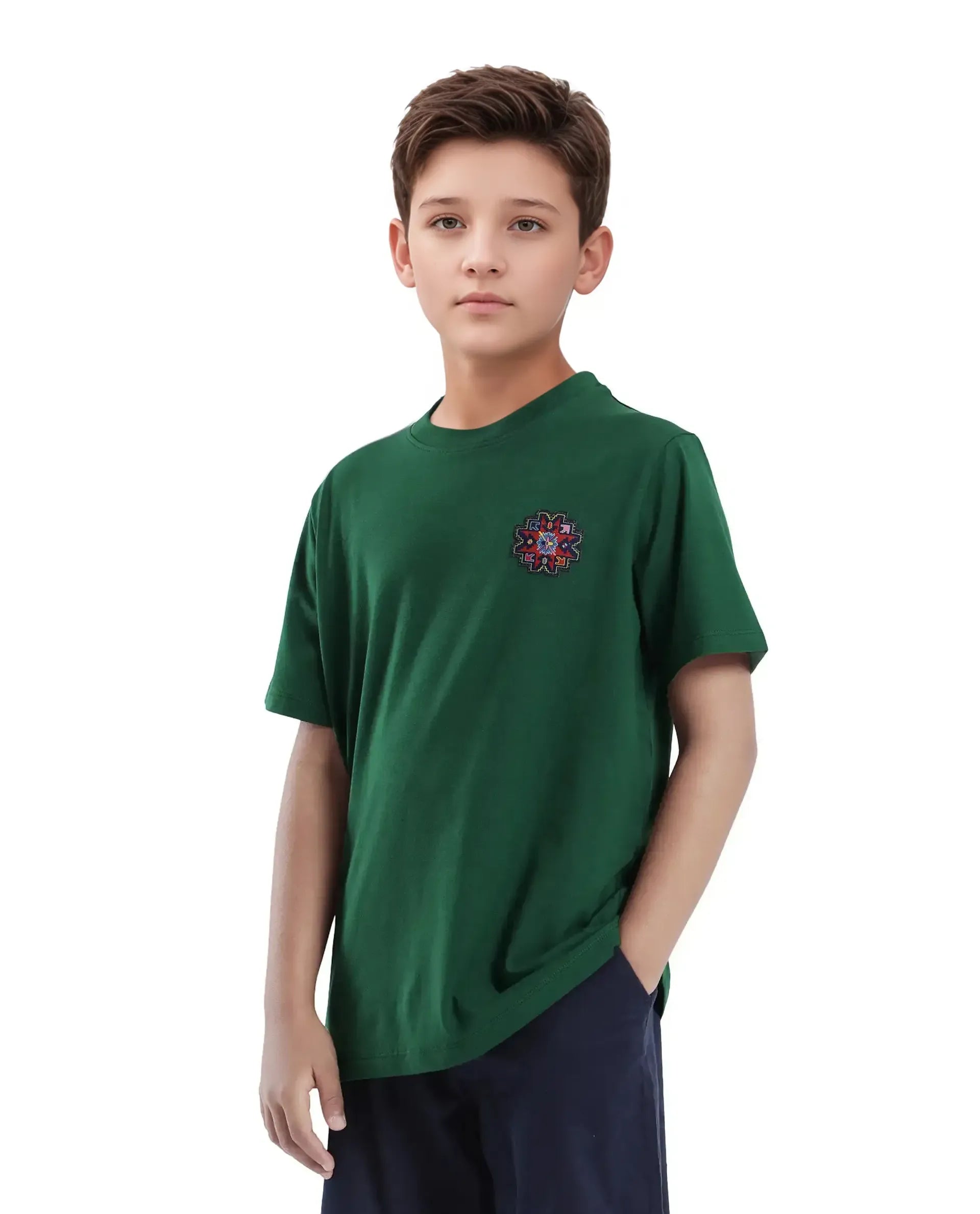 Rare Ones Kids Orio Dark Green Cotton Blend Half Sleeve Printed Regular Fit T-Shirt