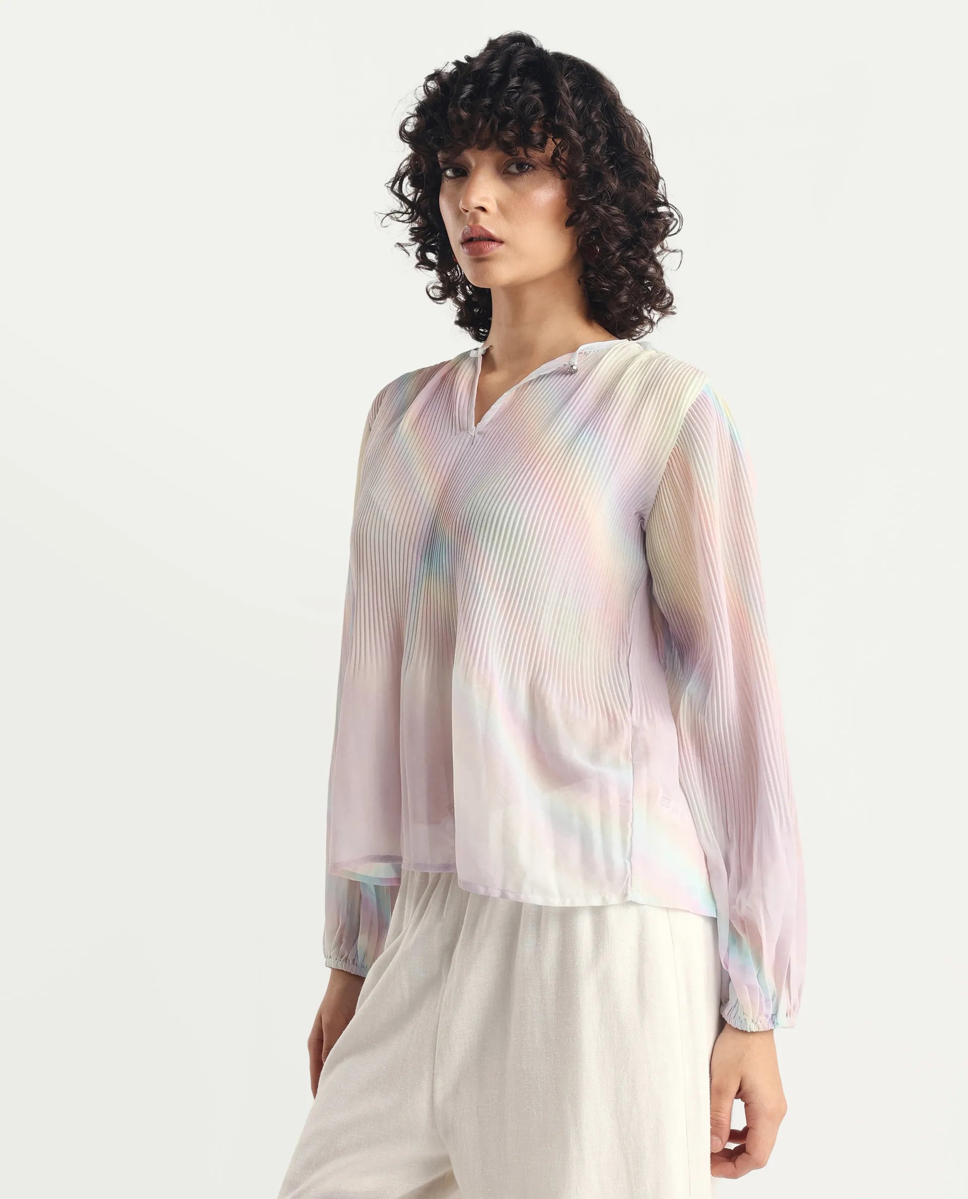 Rareism Women's Orirt Light Multi Polyester Mandarin Collar Ombre Regular Fit Top