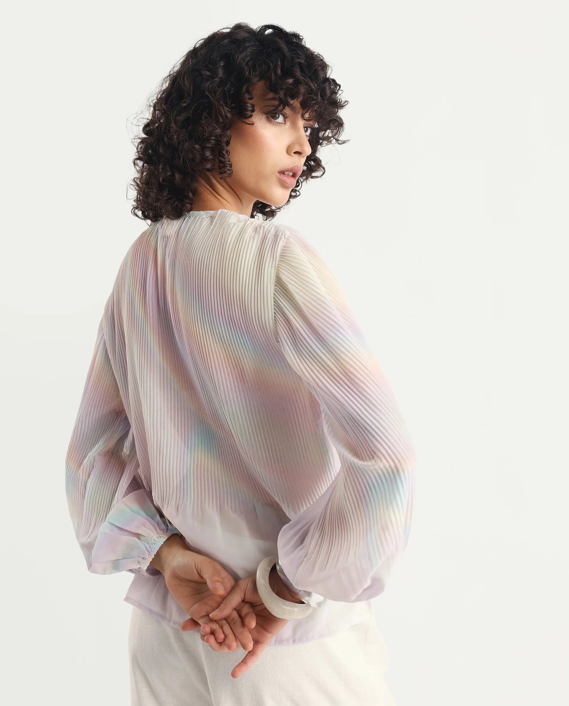 Rareism Women's Orirt Light Multi Polyester Mandarin Collar Ombre Regular Fit Top