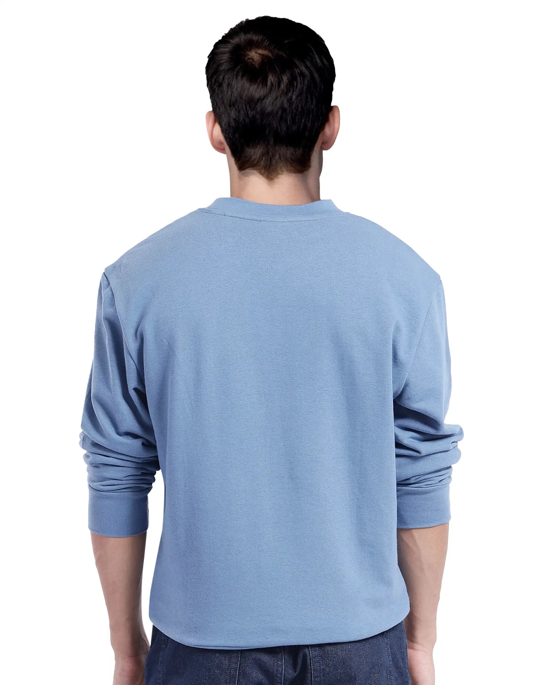 Rare Rabbit Men's Oris Dusky Blue Cotton Blend Fabric Full Sleeve Crew Neck Printed Sweatshirt