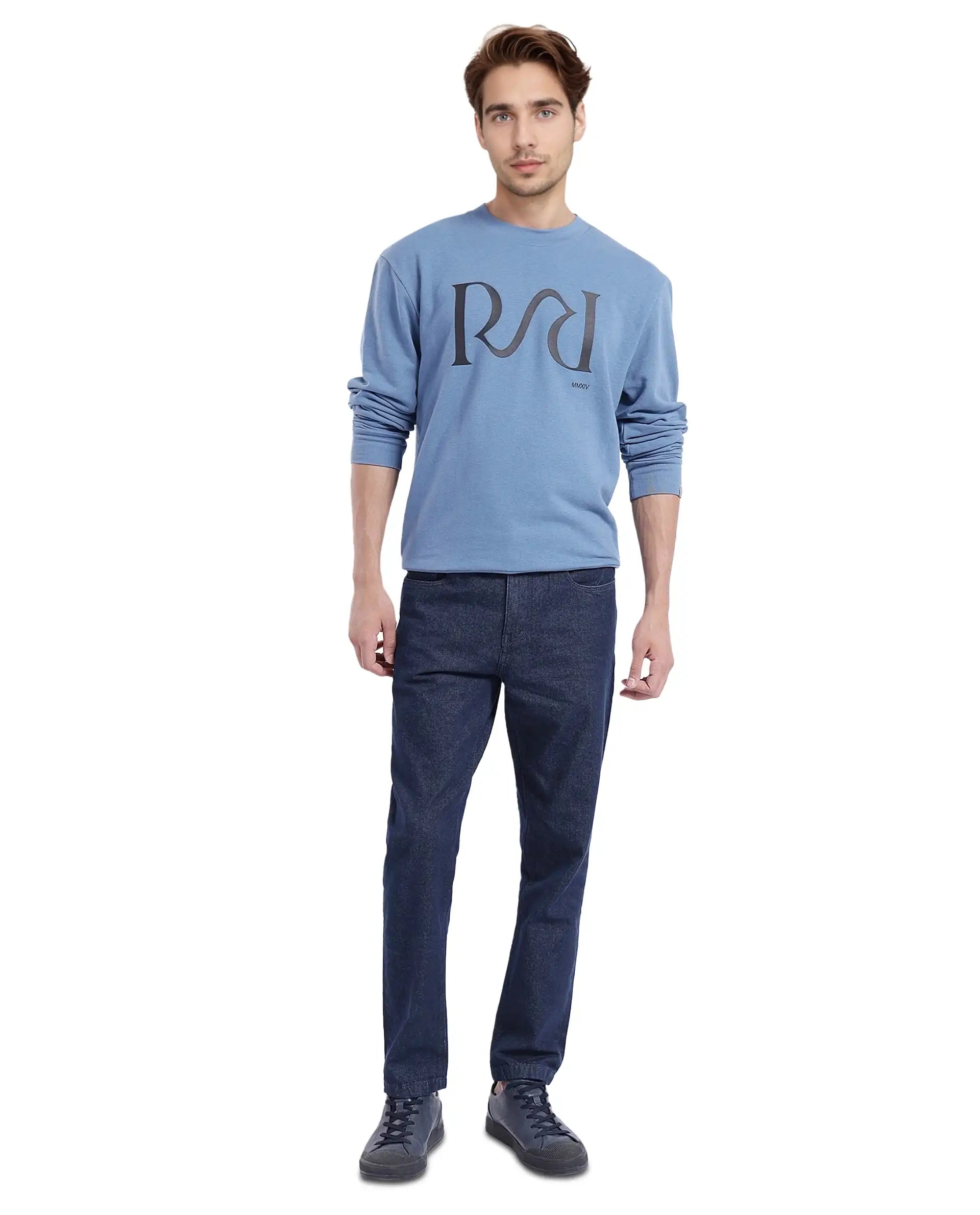Rare Rabbit Men's Oris Dusky Blue Cotton Blend Fabric Full Sleeve Crew Neck Printed Sweatshirt