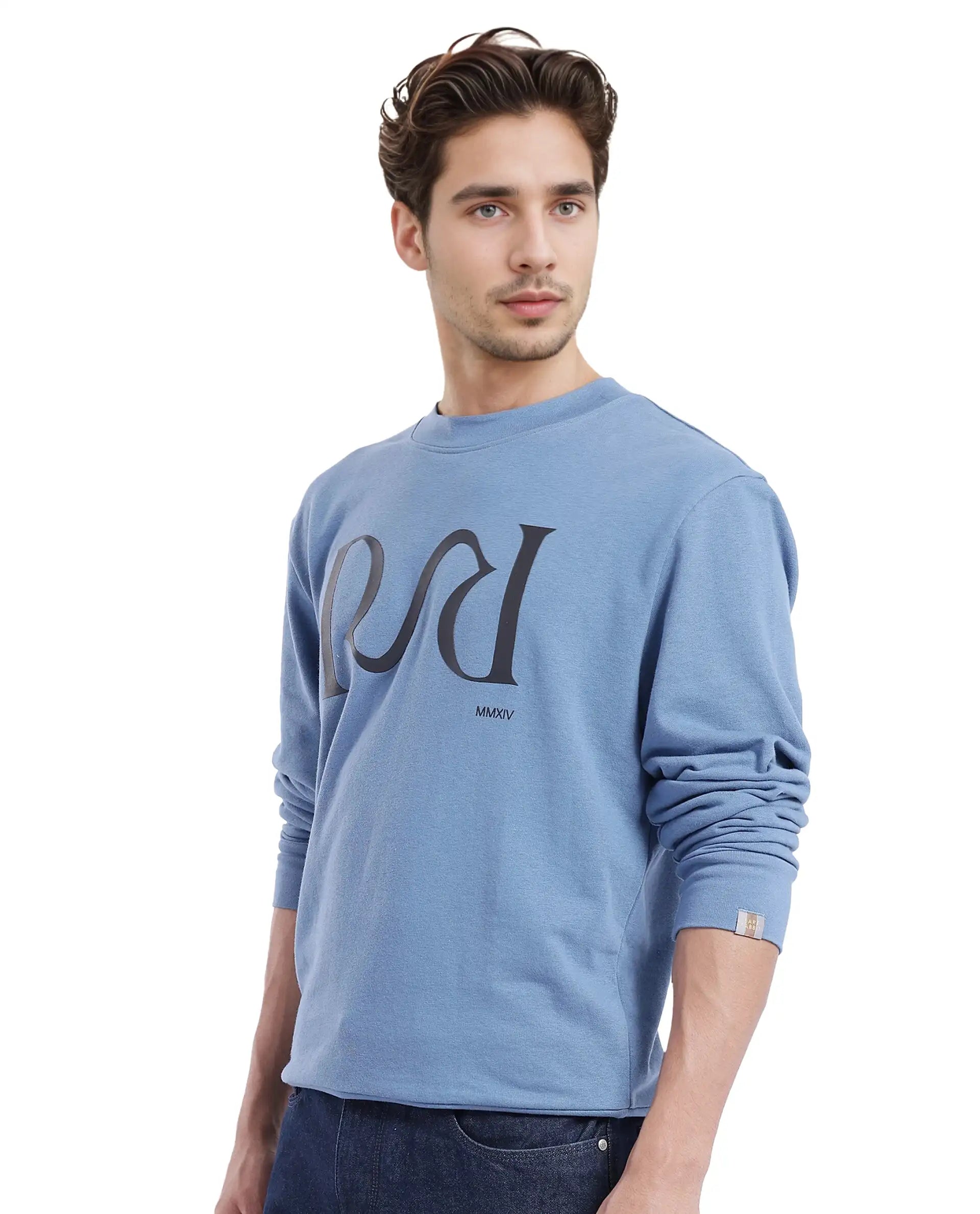 Rare Rabbit Men's Oris Dusky Blue Cotton Blend Fabric Full Sleeve Crew Neck Printed Sweatshirt