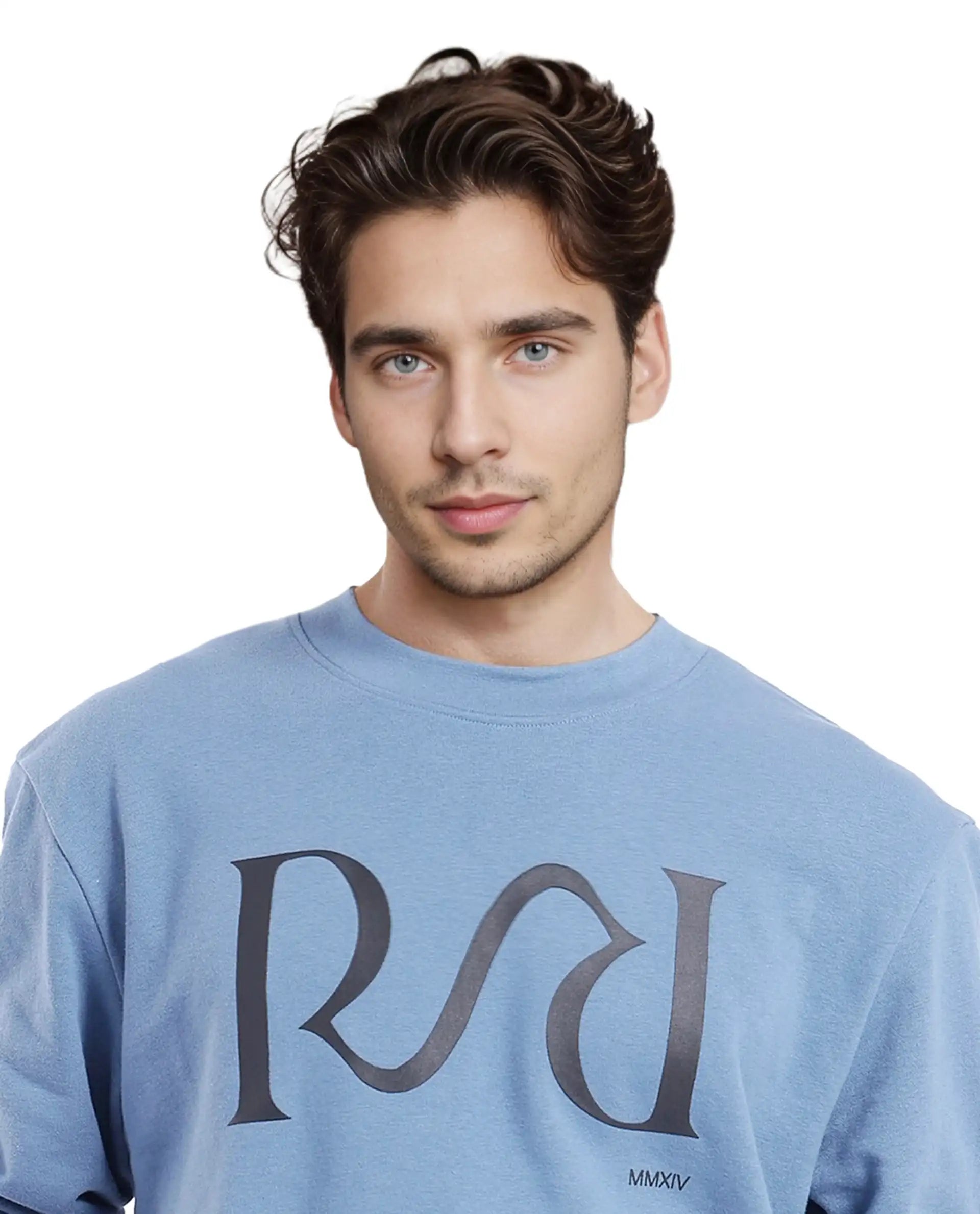 Rare Rabbit Men's Oris Dusky Blue Cotton Blend Fabric Full Sleeve Crew Neck Printed Sweatshirt