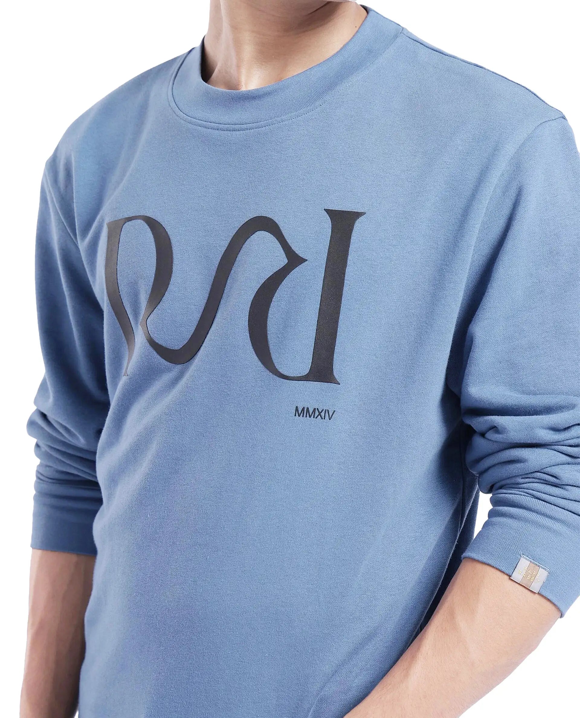 Rare Rabbit Men's Oris Dusky Blue Cotton Blend Fabric Full Sleeve Crew Neck Printed Sweatshirt