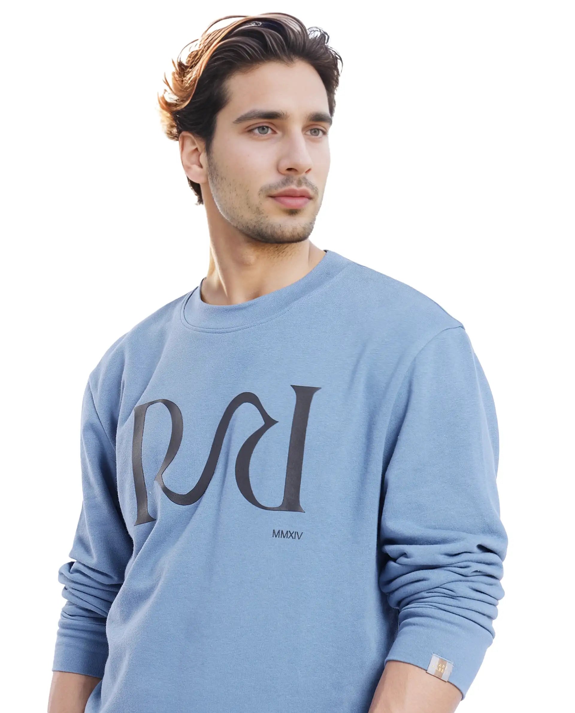 Rare Rabbit Men's Oris Dusky Blue Cotton Blend Fabric Full Sleeve Crew Neck Printed Sweatshirt