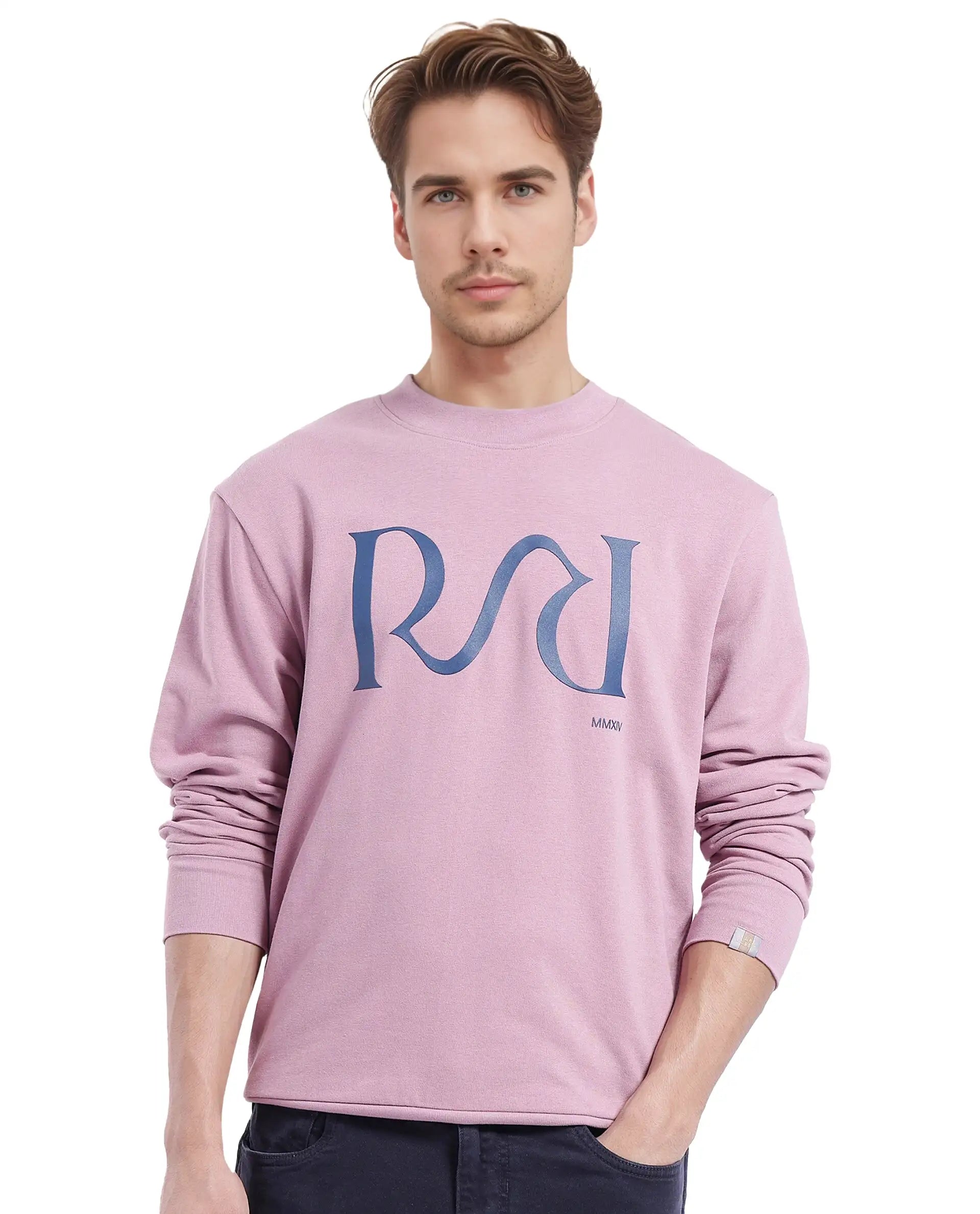 Rare Rabbit Men's Oris Dusky Pink Cotton Blend Fabric Full Sleeve Crew Neck Printed Sweatshirt