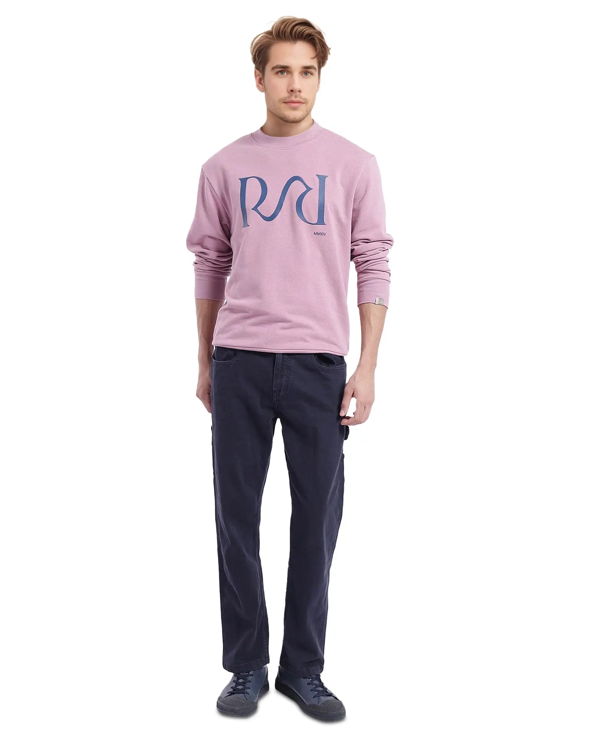 Rare Rabbit Men's Oris Dusky Pink Cotton Blend Fabric Full Sleeve Crew Neck Printed Sweatshirt