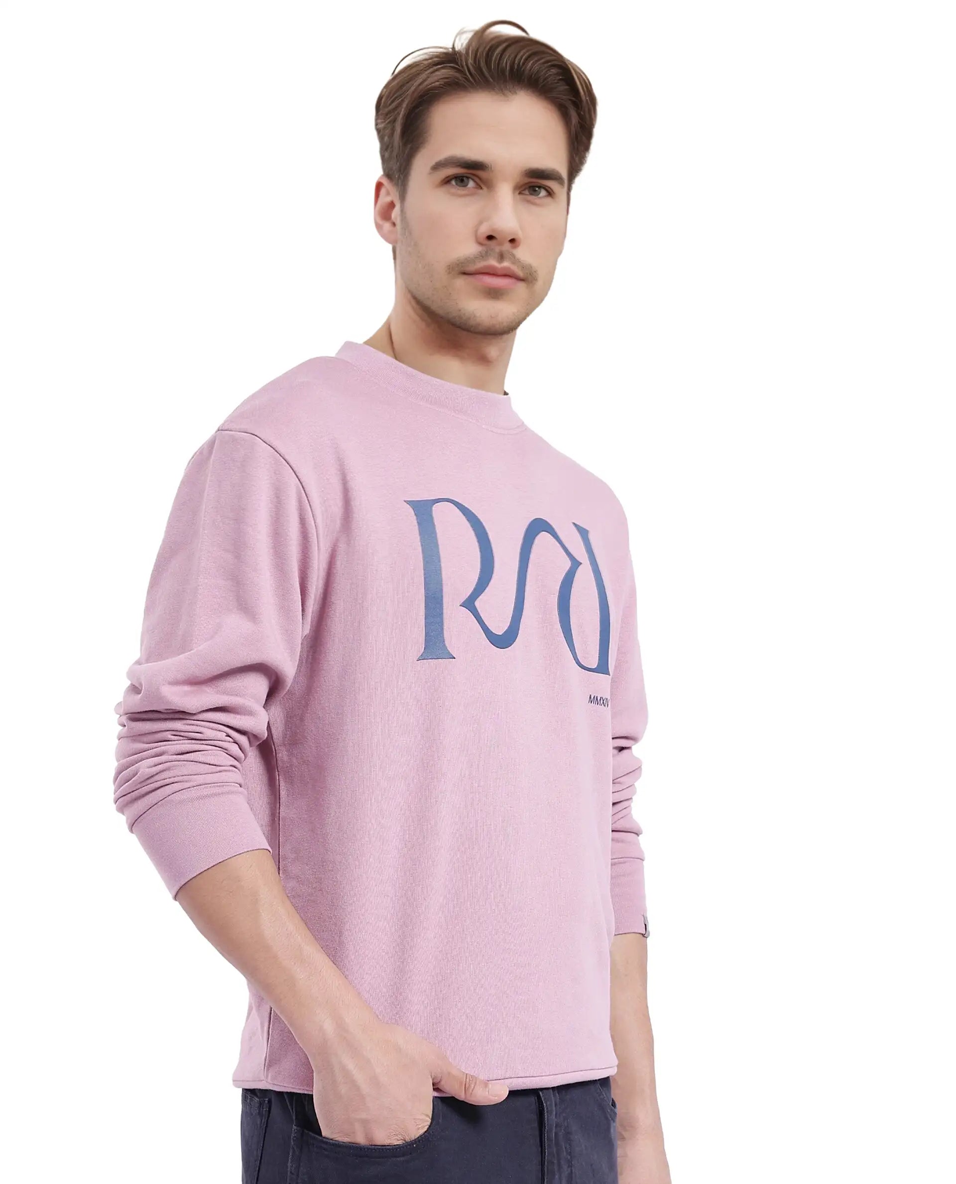 Rare Rabbit Men's Oris Dusky Pink Cotton Blend Fabric Full Sleeve Crew Neck Printed Sweatshirt