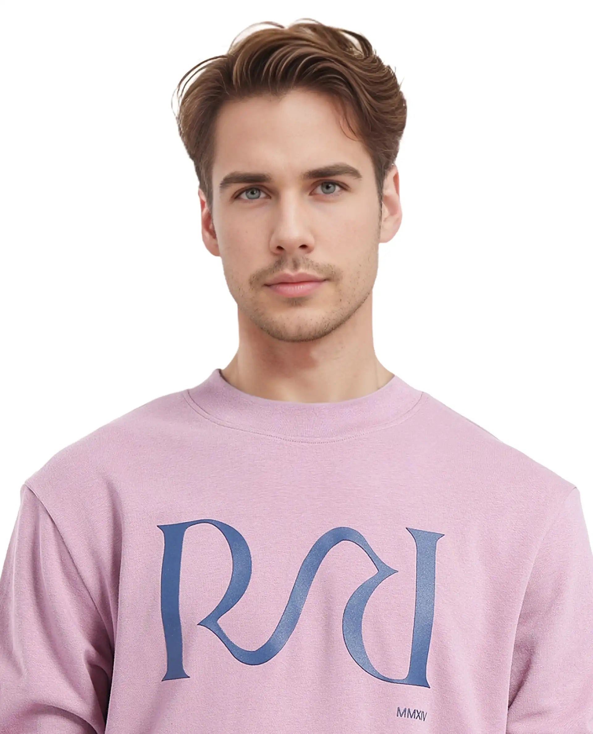 Rare Rabbit Men's Oris Dusky Pink Cotton Blend Fabric Full Sleeve Crew Neck Printed Sweatshirt