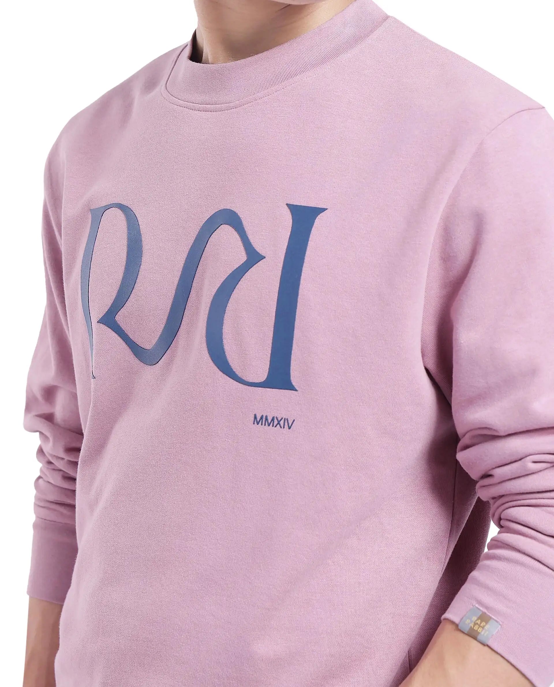 Rare Rabbit Men's Oris Dusky Pink Cotton Blend Fabric Full Sleeve Crew Neck Printed Sweatshirt