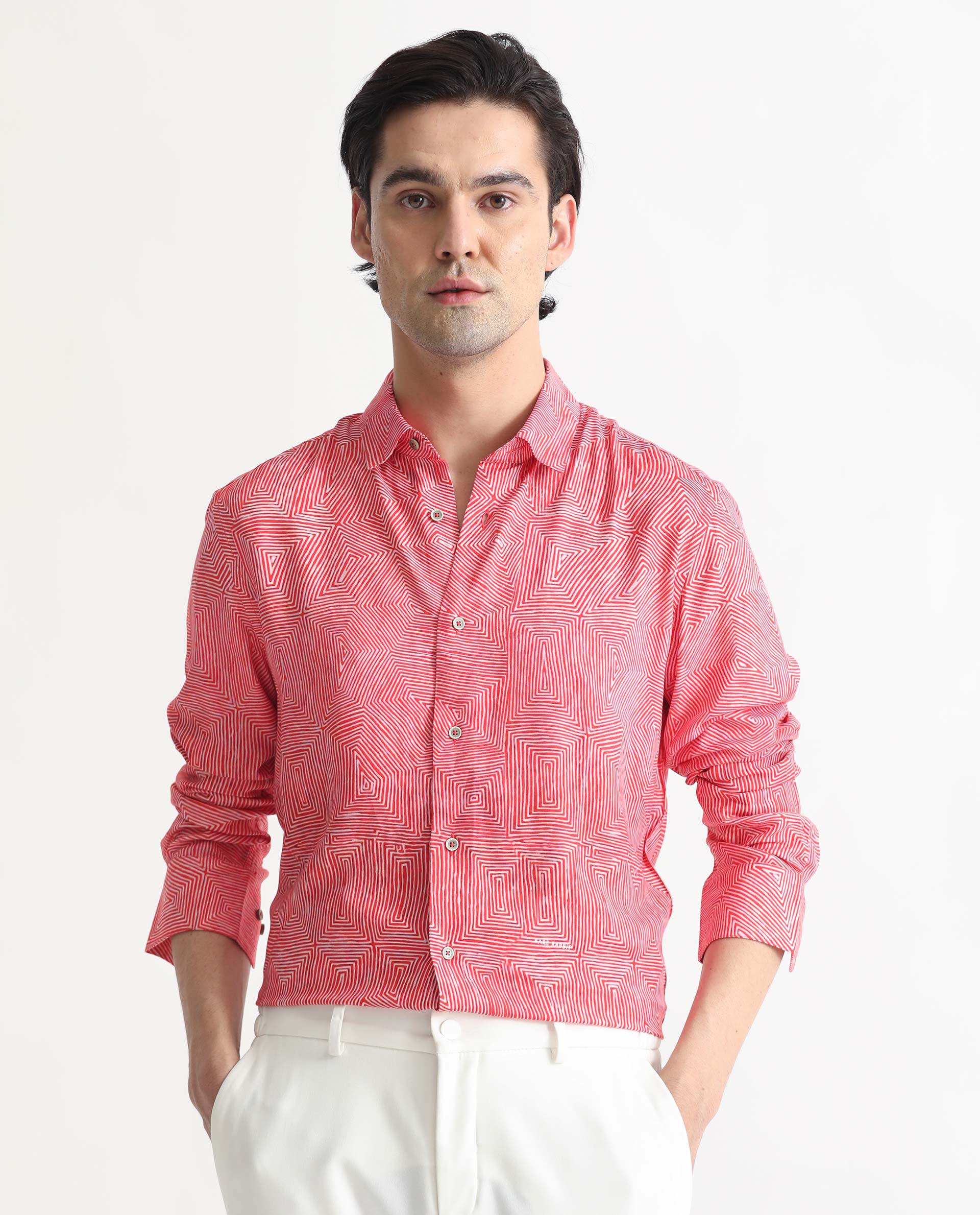 Rare Rabbit Men's Orlean Red Viscose Fabric Abstract Print Full Sleeves Shirt