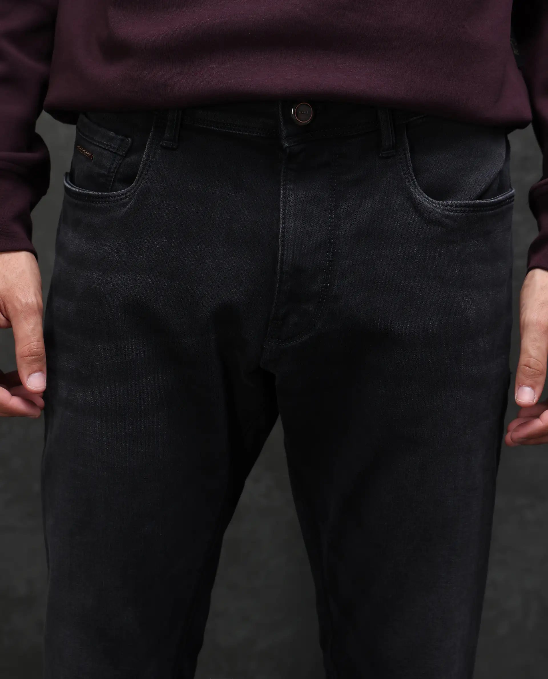 Rare Rabbit Men's Orleans Black Cotton Plain Hawk Slim Fit Jeans