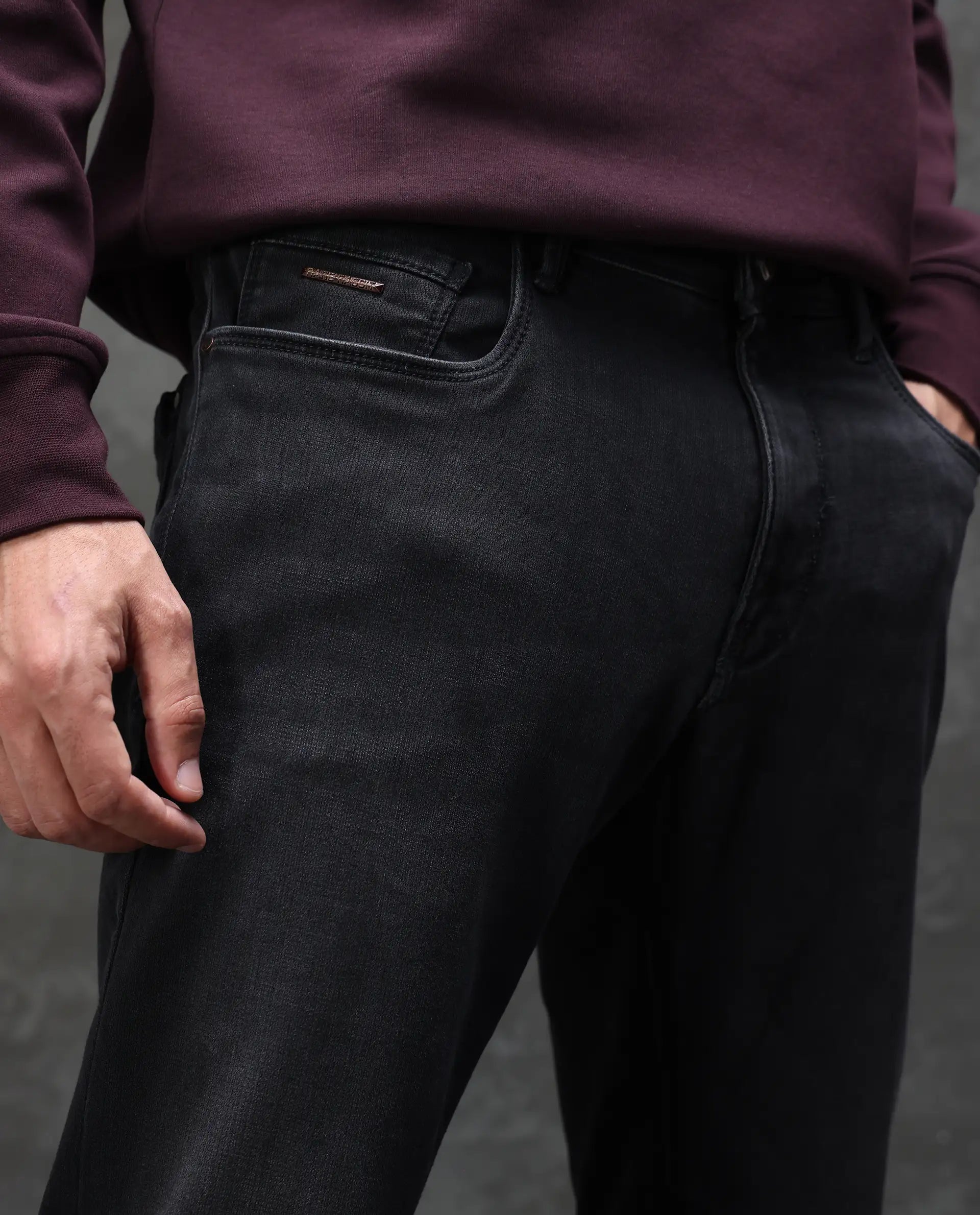 Rare Rabbit Men's Orleans Black Cotton Plain Hawk Slim Fit Jeans