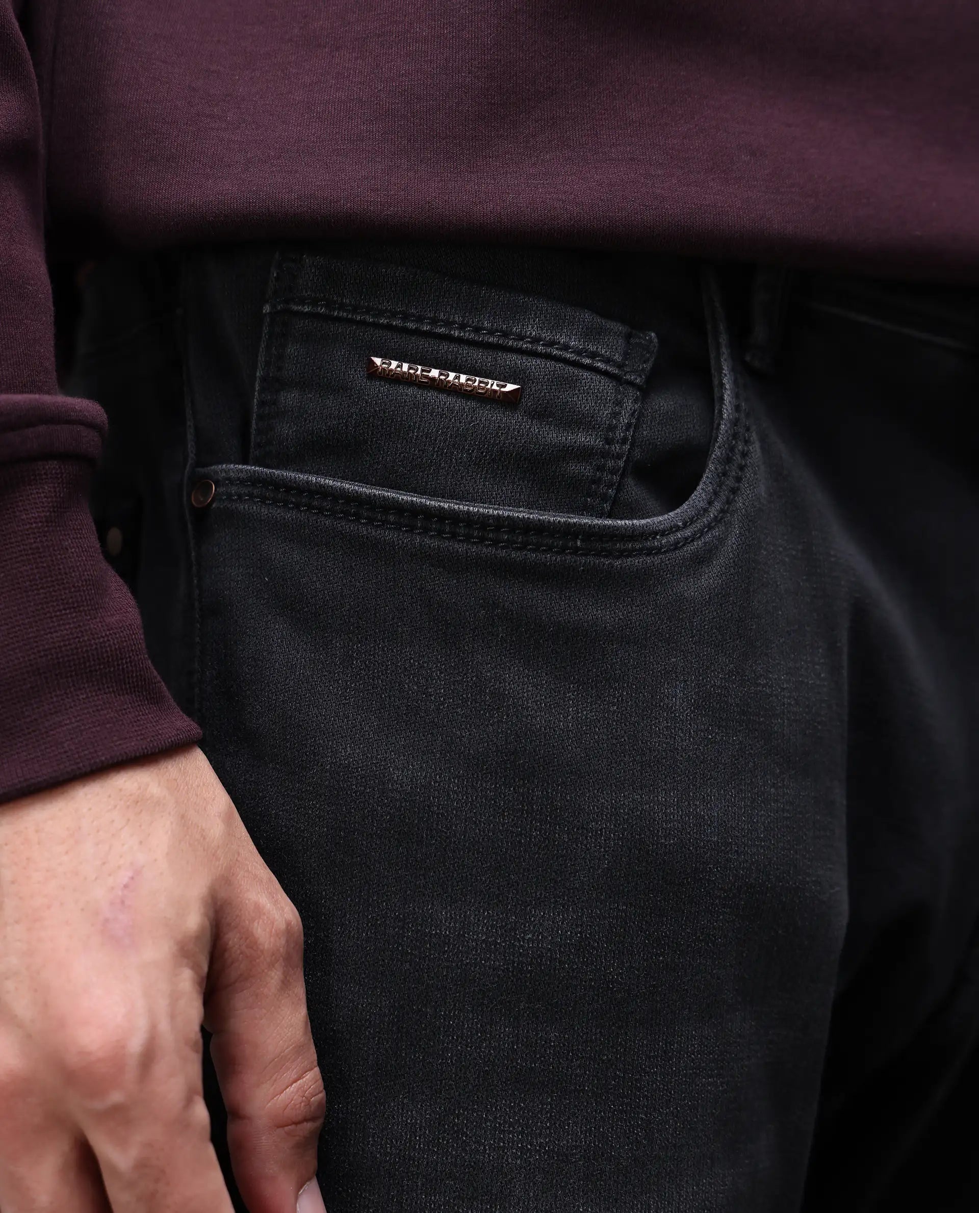 Rare Rabbit Men's Orleans Black Cotton Plain Hawk Slim Fit Jeans