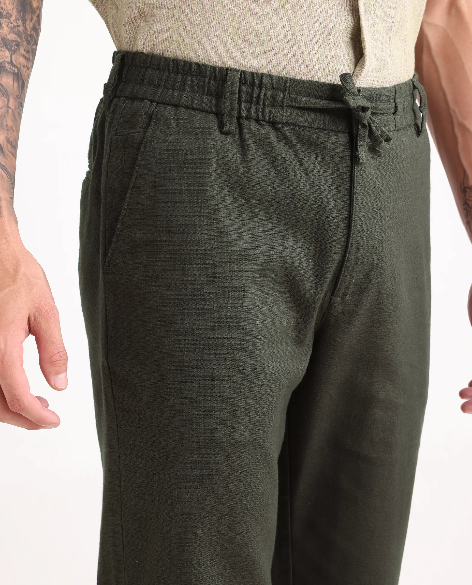 Rare Rabbit Men's Oros Dark Green Cotton Blend Fabric Regular Fit Plain Trouser
