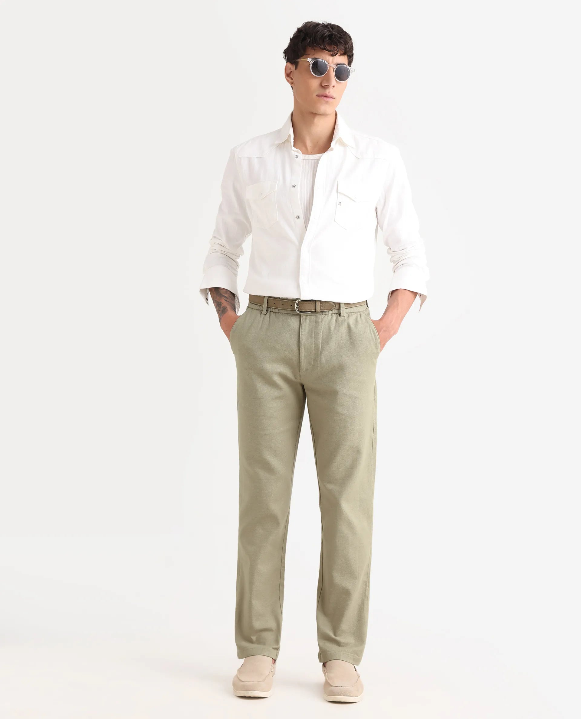 Rare Rabbit Men's Oros Light Olive Cotton Blend Fabric Regular Fit Plain Trouser