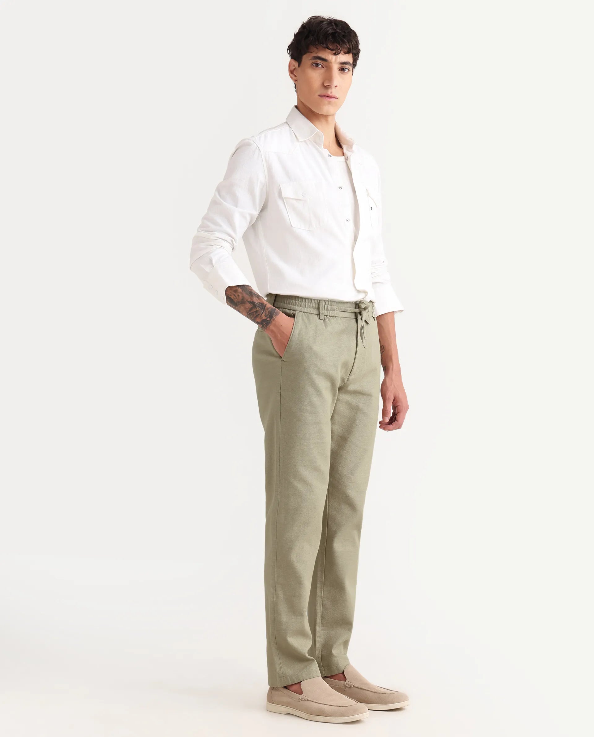 Rare Rabbit Men's Oros Light Olive Cotton Blend Fabric Regular Fit Plain Trouser