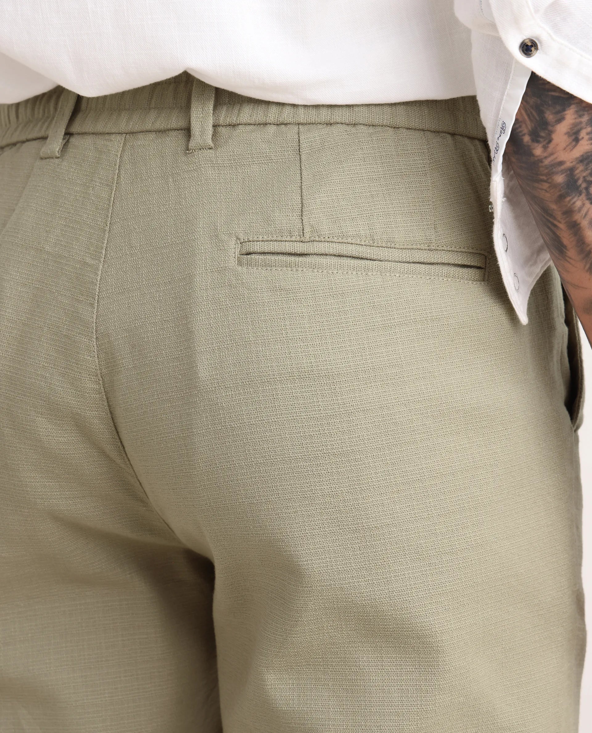 Rare Rabbit Men's Oros Light Olive Cotton Blend Fabric Regular Fit Plain Trouser