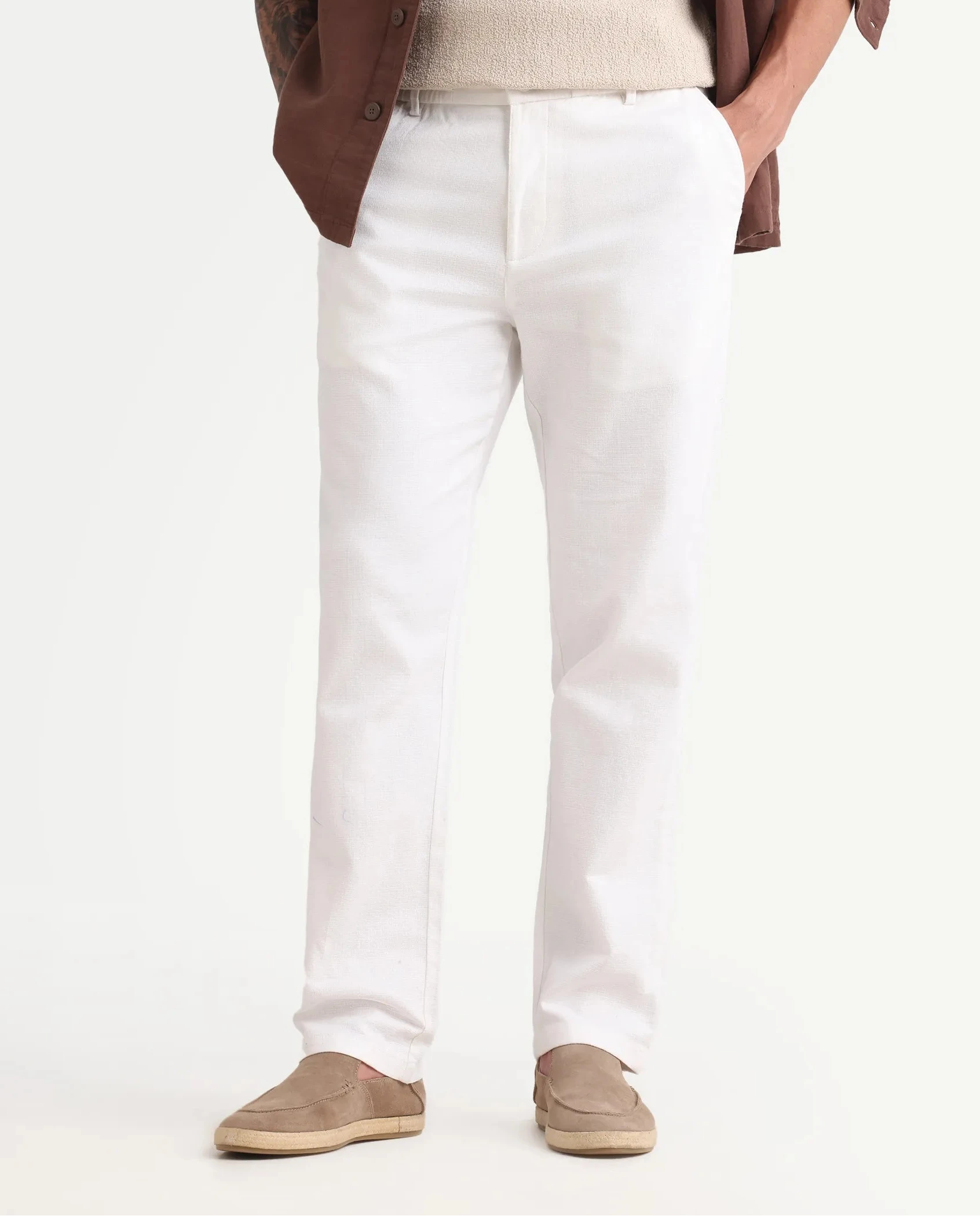 Rare Rabbit Men's Oros White Cotton Blend Fabric Regular Fit Plain Trouser