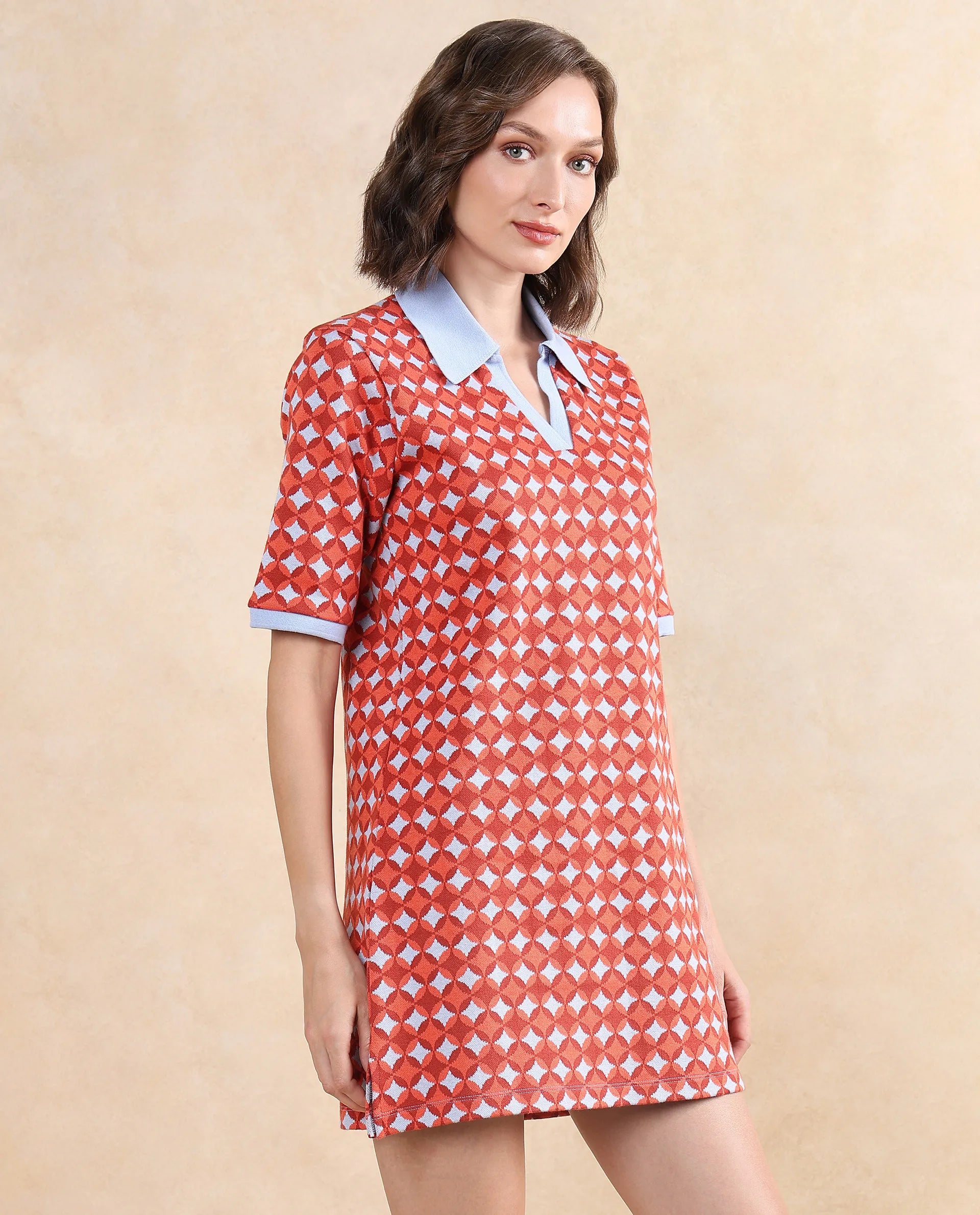 Rareism Women Orri Multi Cotton Fabric Short Sleeve Ribbed Collar Relaxed Fit Midi Geometric Jacquard Dress