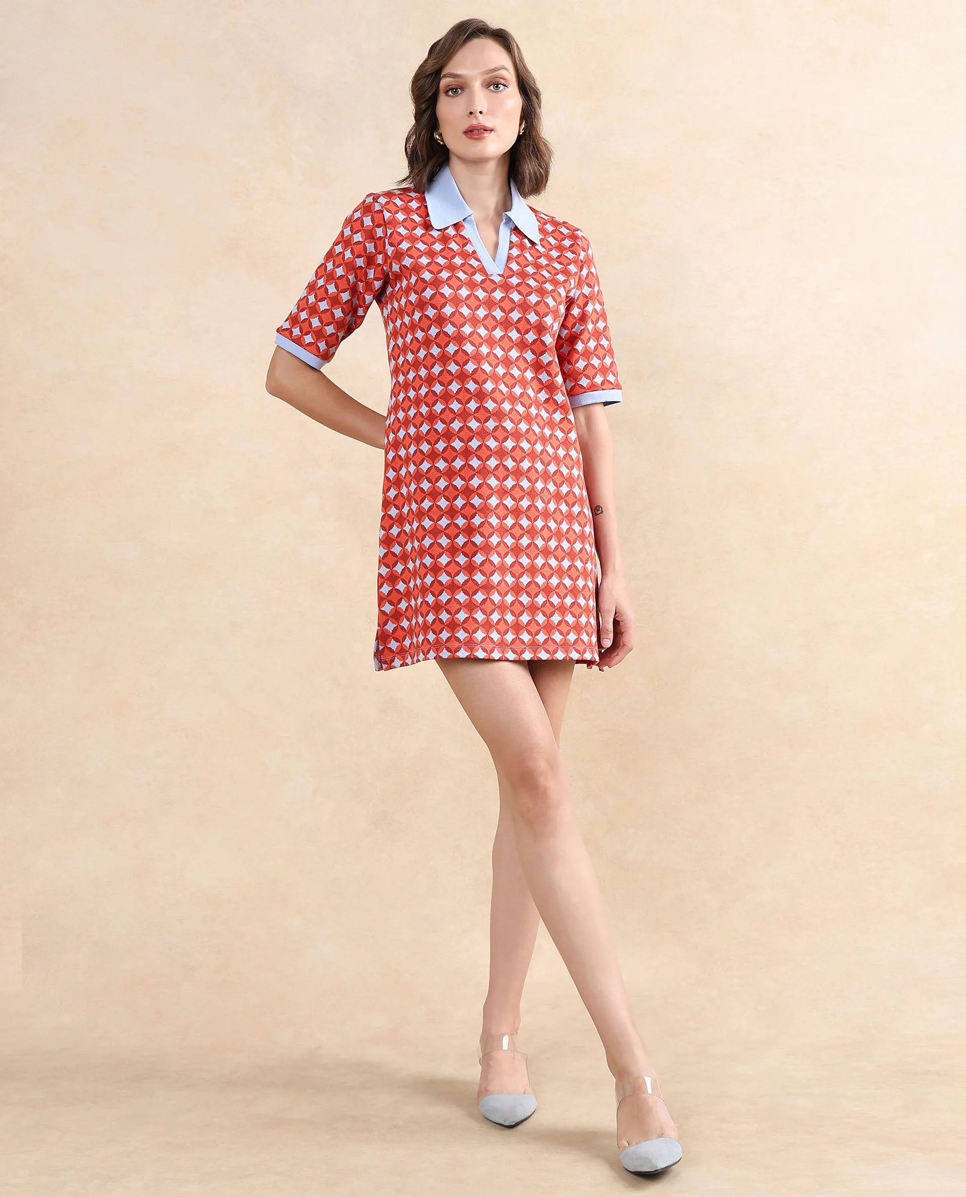 Rareism Women Orri Multi Cotton Fabric Short Sleeve Ribbed Collar Relaxed Fit Midi Geometric Jacquard Dress