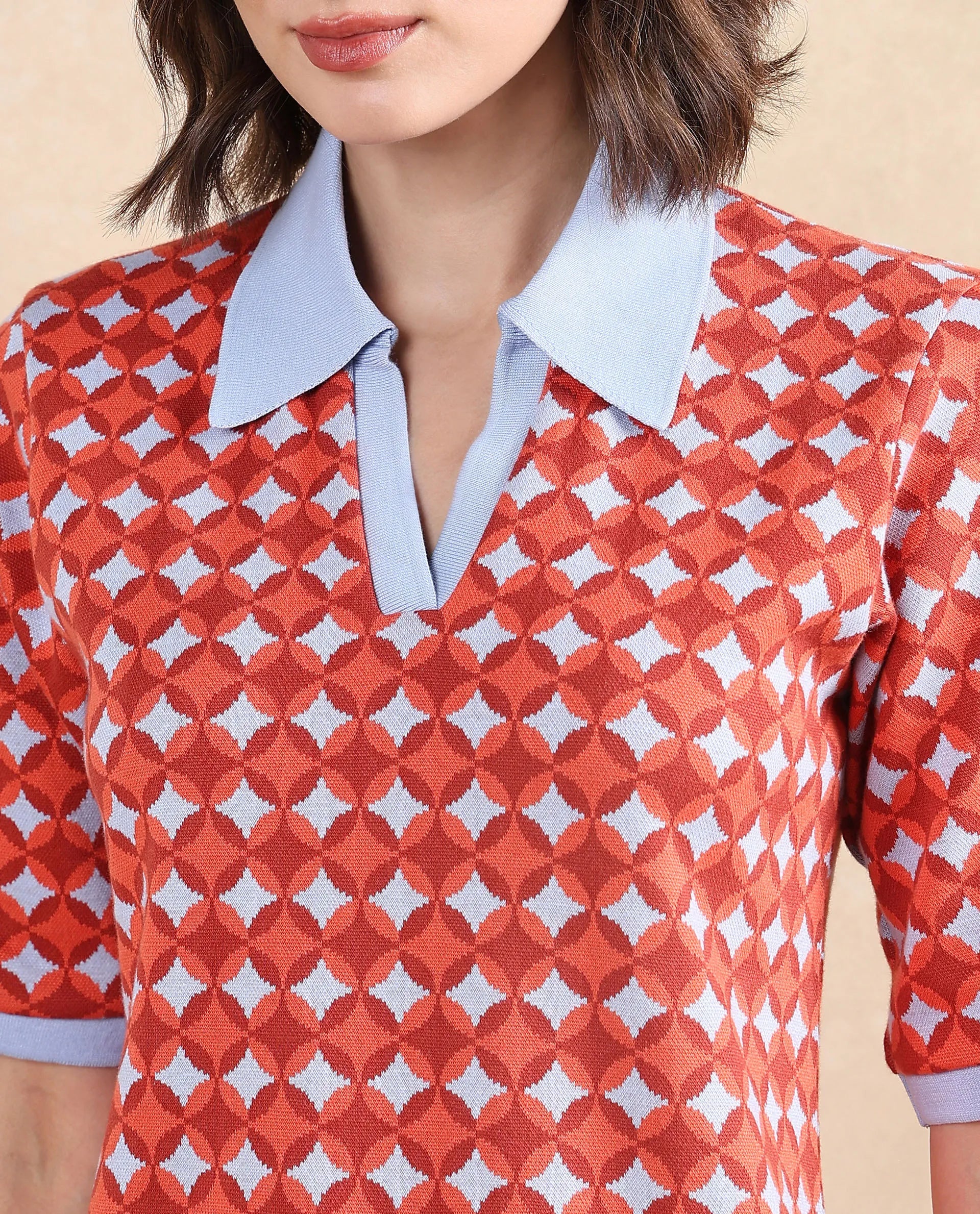 Rareism Women Orri Multi Cotton Fabric Short Sleeve Ribbed Collar Relaxed Fit Midi Geometric Jacquard Dress