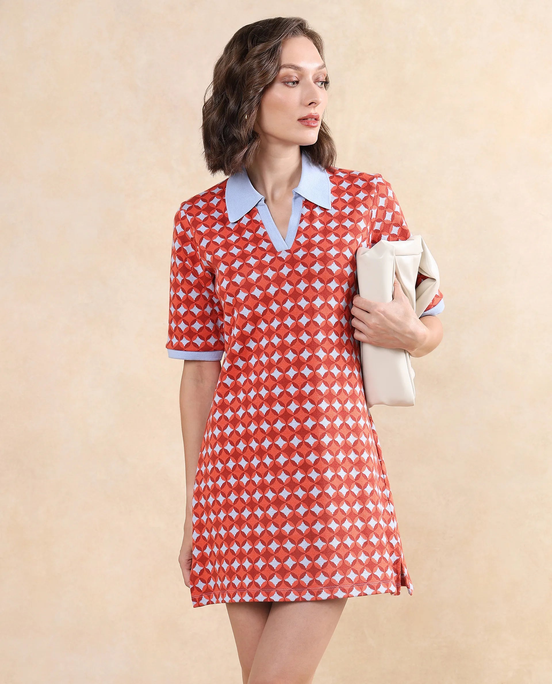 Rareism Women Orri Multi Cotton Fabric Short Sleeve Ribbed Collar Relaxed Fit Midi Geometric Jacquard Dress