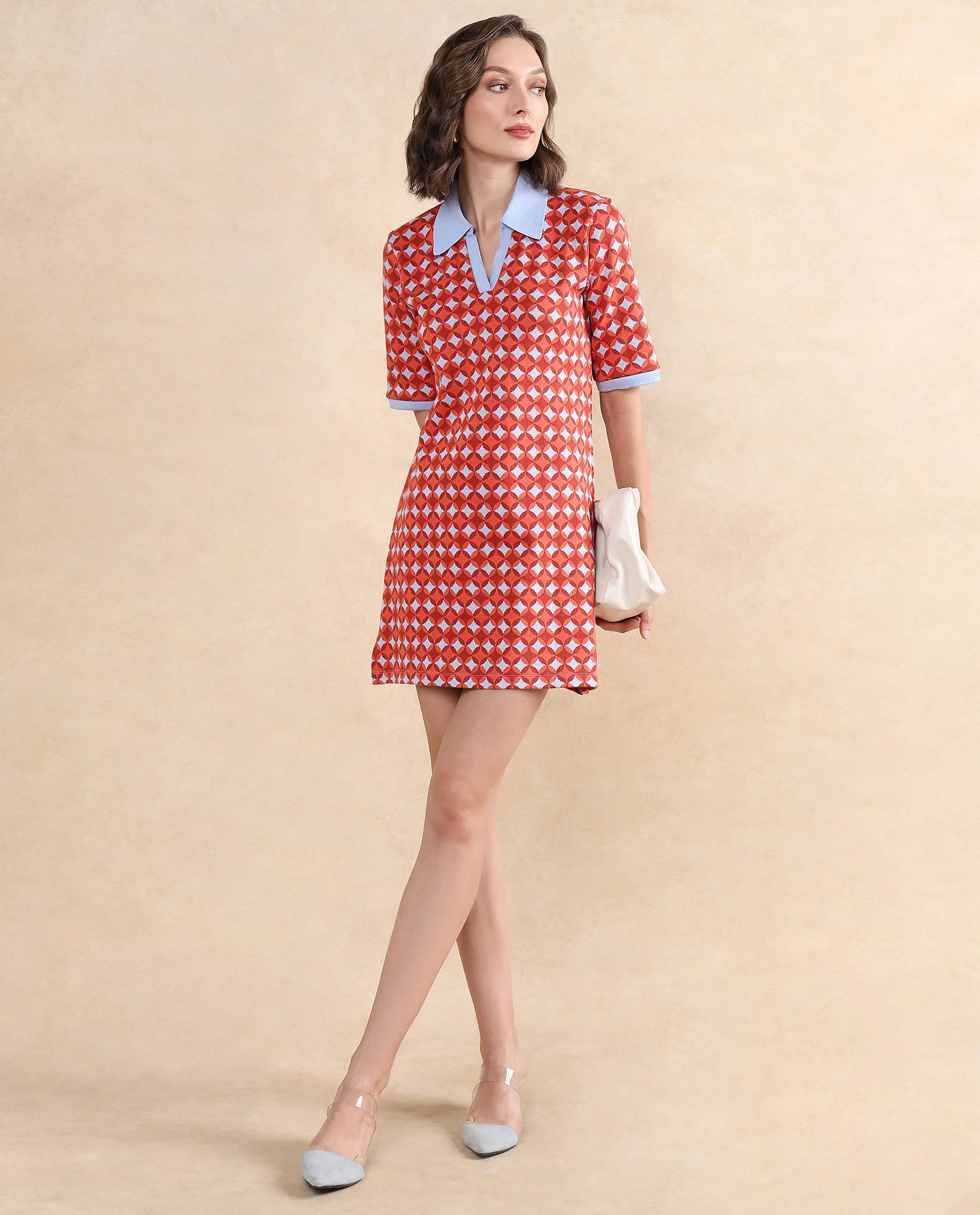 Rareism Women Orri Multi Cotton Fabric Short Sleeve Ribbed Collar Relaxed Fit Midi Geometric Jacquard Dress