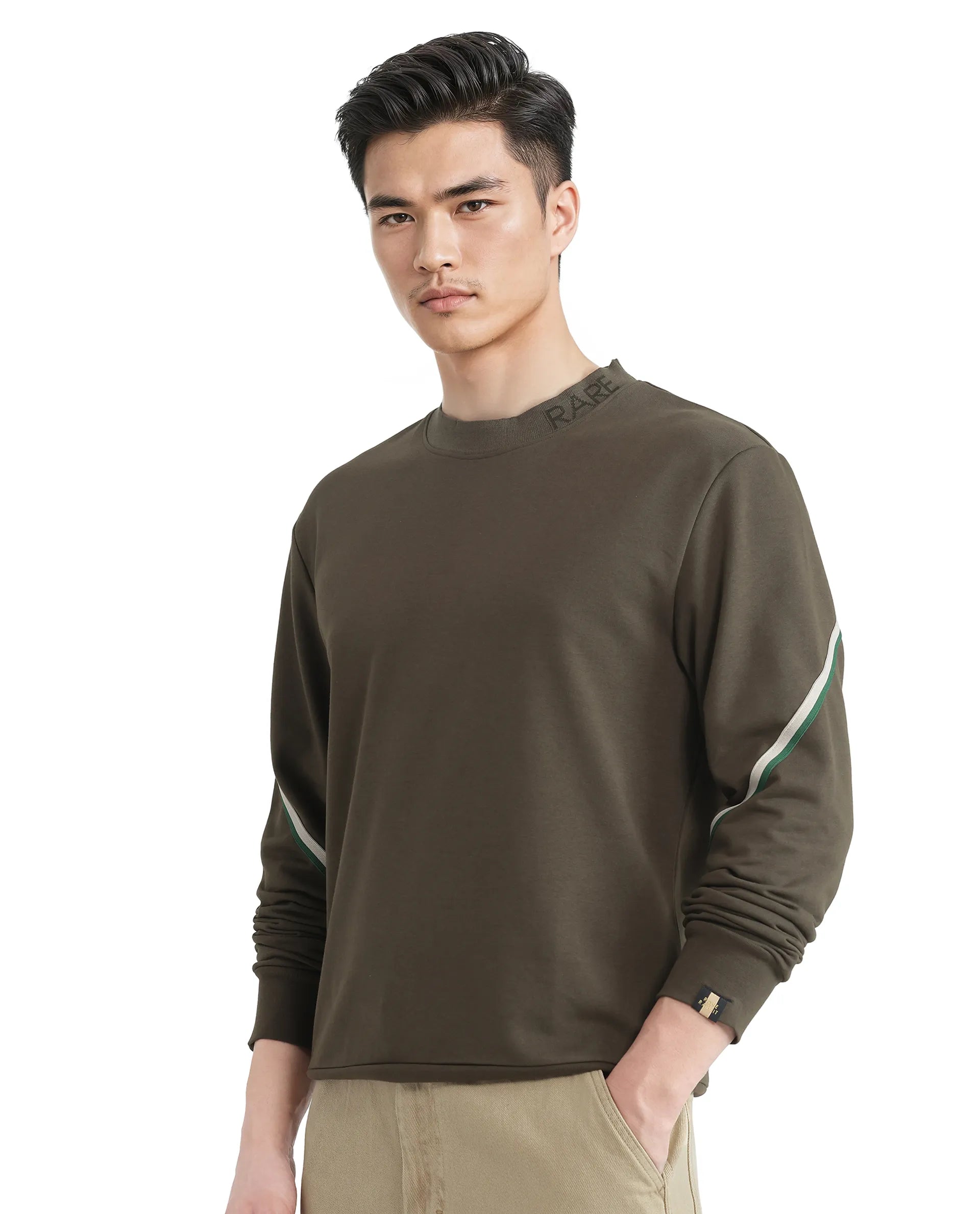Rare Rabbit Men Orso Olive Cotton Polyester Fabric Full Sleeve Crew Neck Regular Fit Printed Sweatshirt