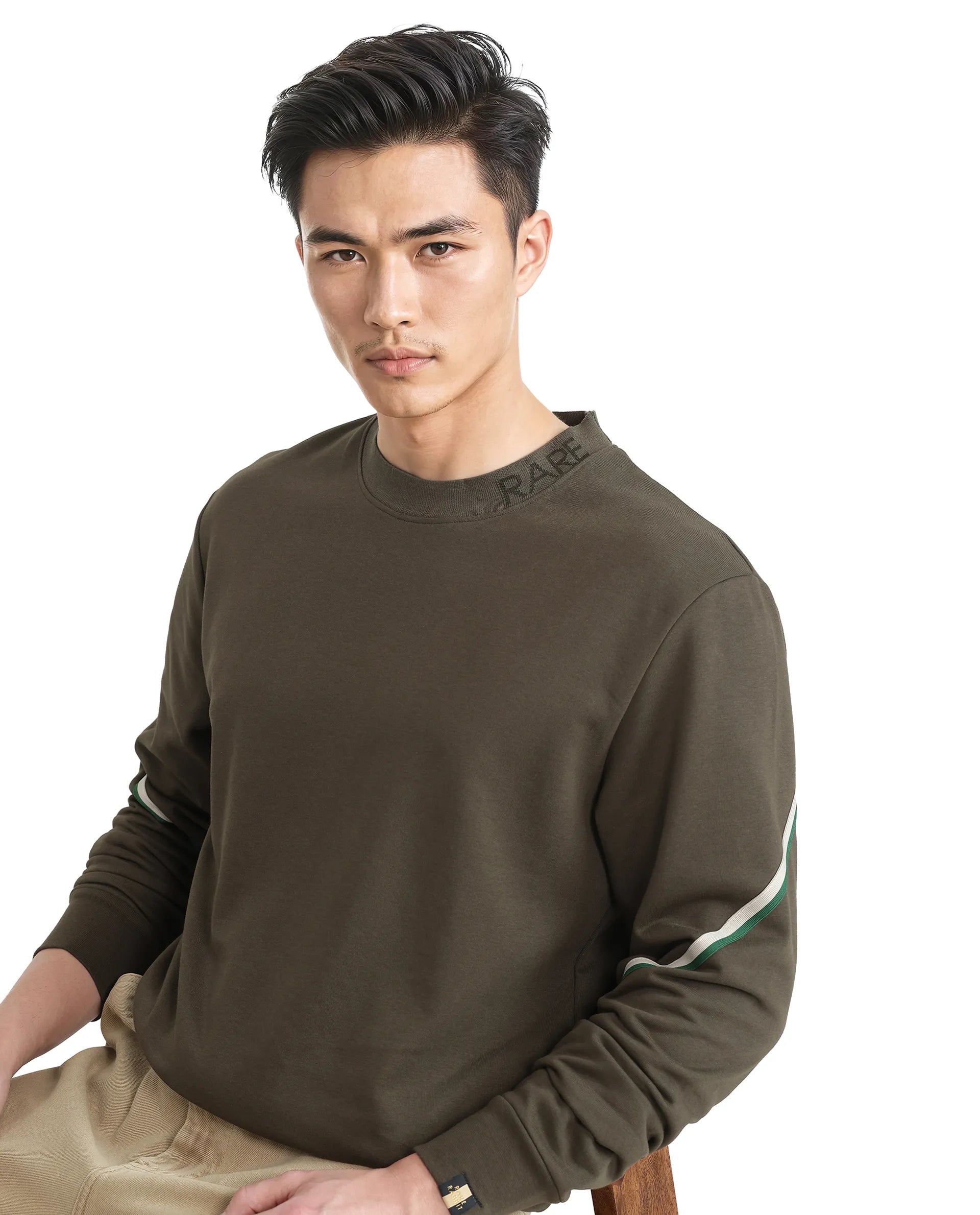 Rare Rabbit Men Orso Olive Cotton Polyester Fabric Full Sleeve Crew Neck Regular Fit Printed Sweatshirt