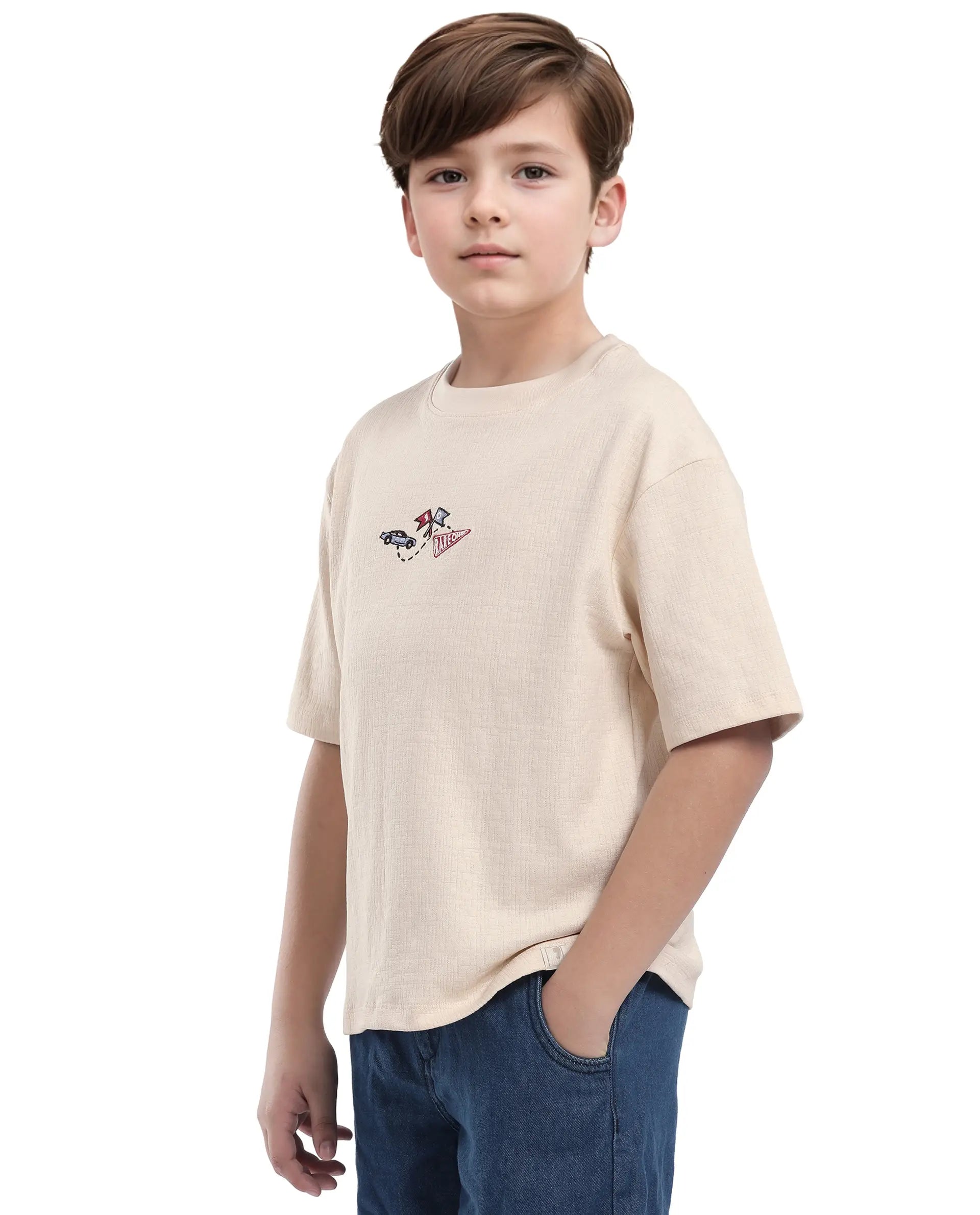 Rare Ones Kids Oryn-T Beige Cotton Blend Half Sleeve Slip-On Printed Regular Fit T-Shirt