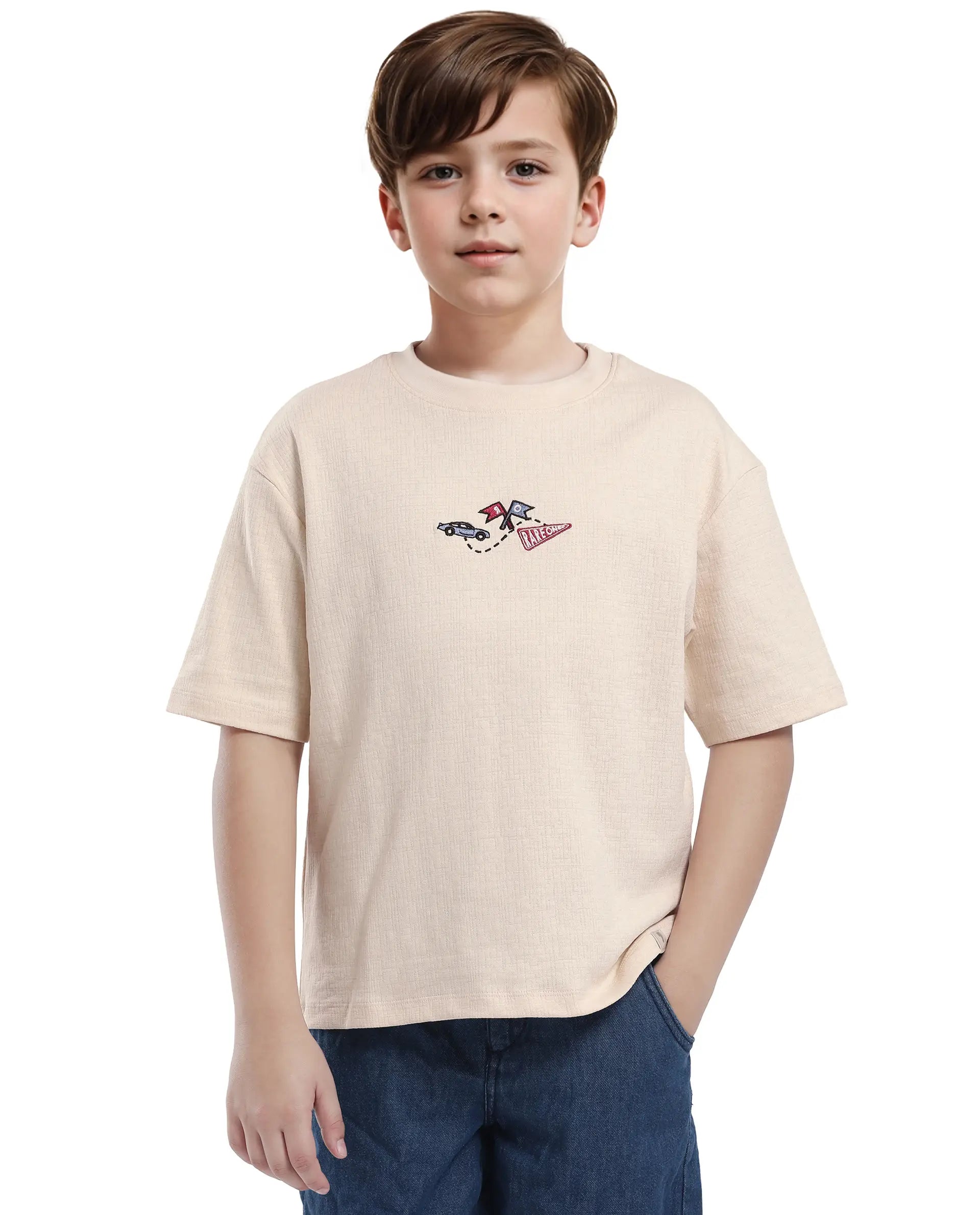 Rare Ones Kids Oryn-T Beige Cotton Blend Half Sleeve Slip-On Printed Regular Fit T-Shirt