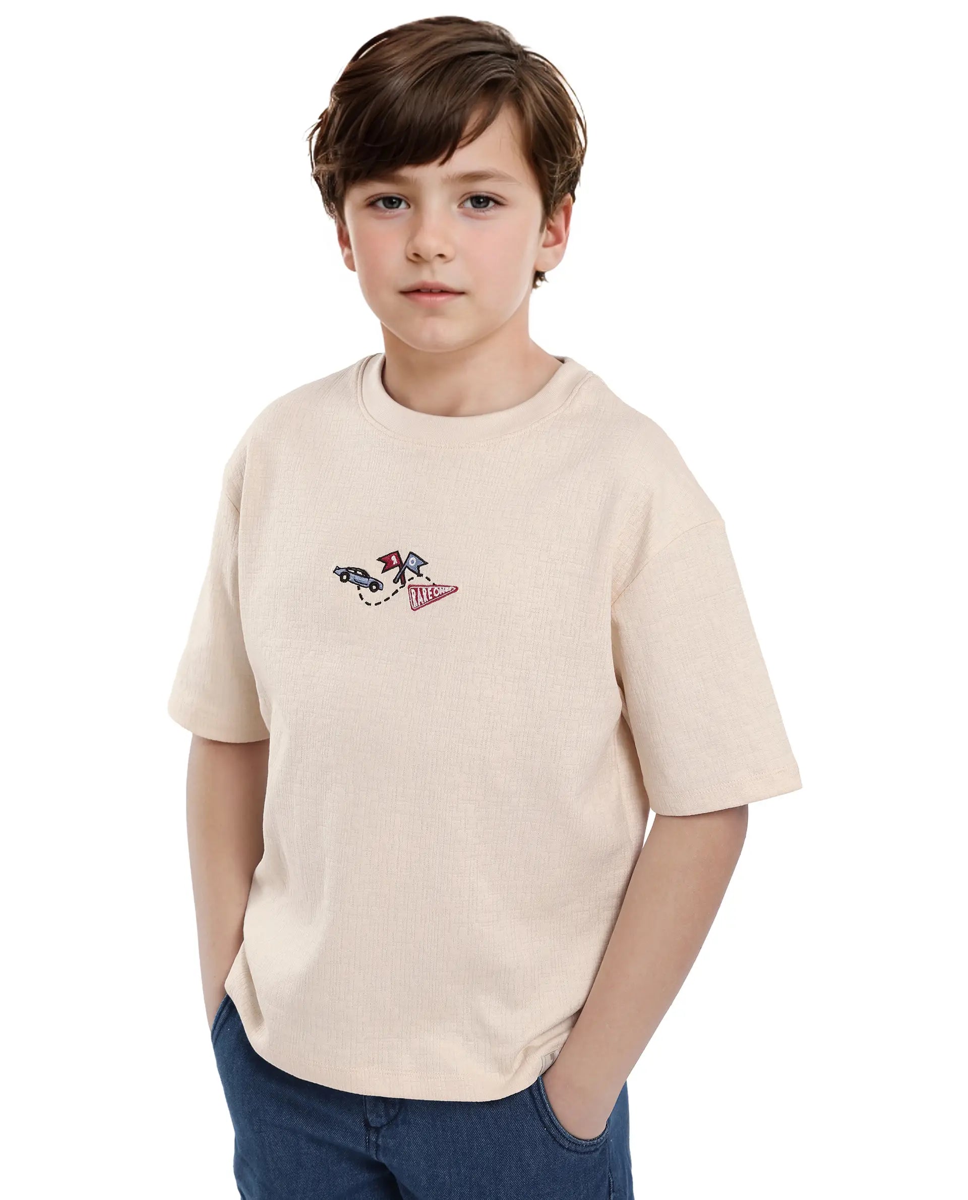 Rare Ones Kids Oryn-T Beige Cotton Blend Half Sleeve Slip-On Printed Regular Fit T-Shirt