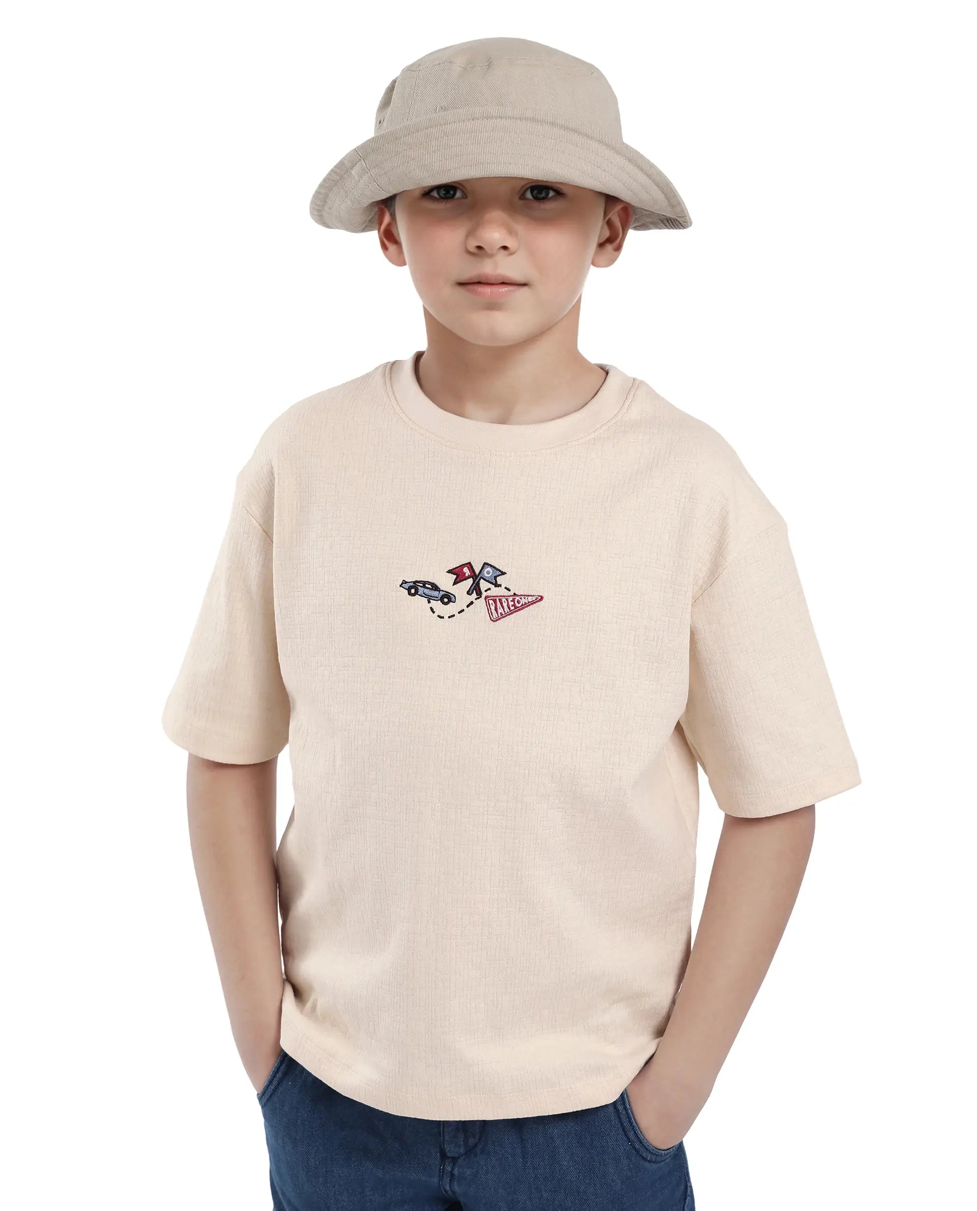 Rare Ones Kids Oryn-T Beige Cotton Blend Half Sleeve Slip-On Printed Regular Fit T-Shirt
