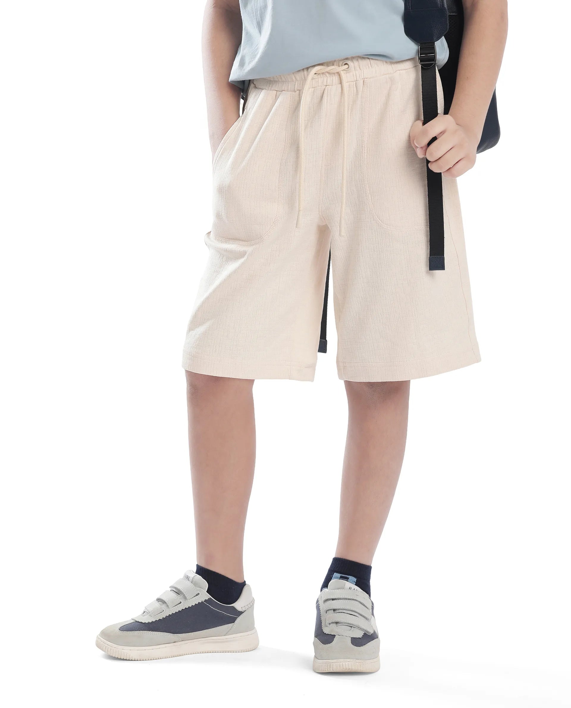 Rare Ones Kids Oryn Beige Cotton Blend Drawstring Solid Regular Fit Shorts