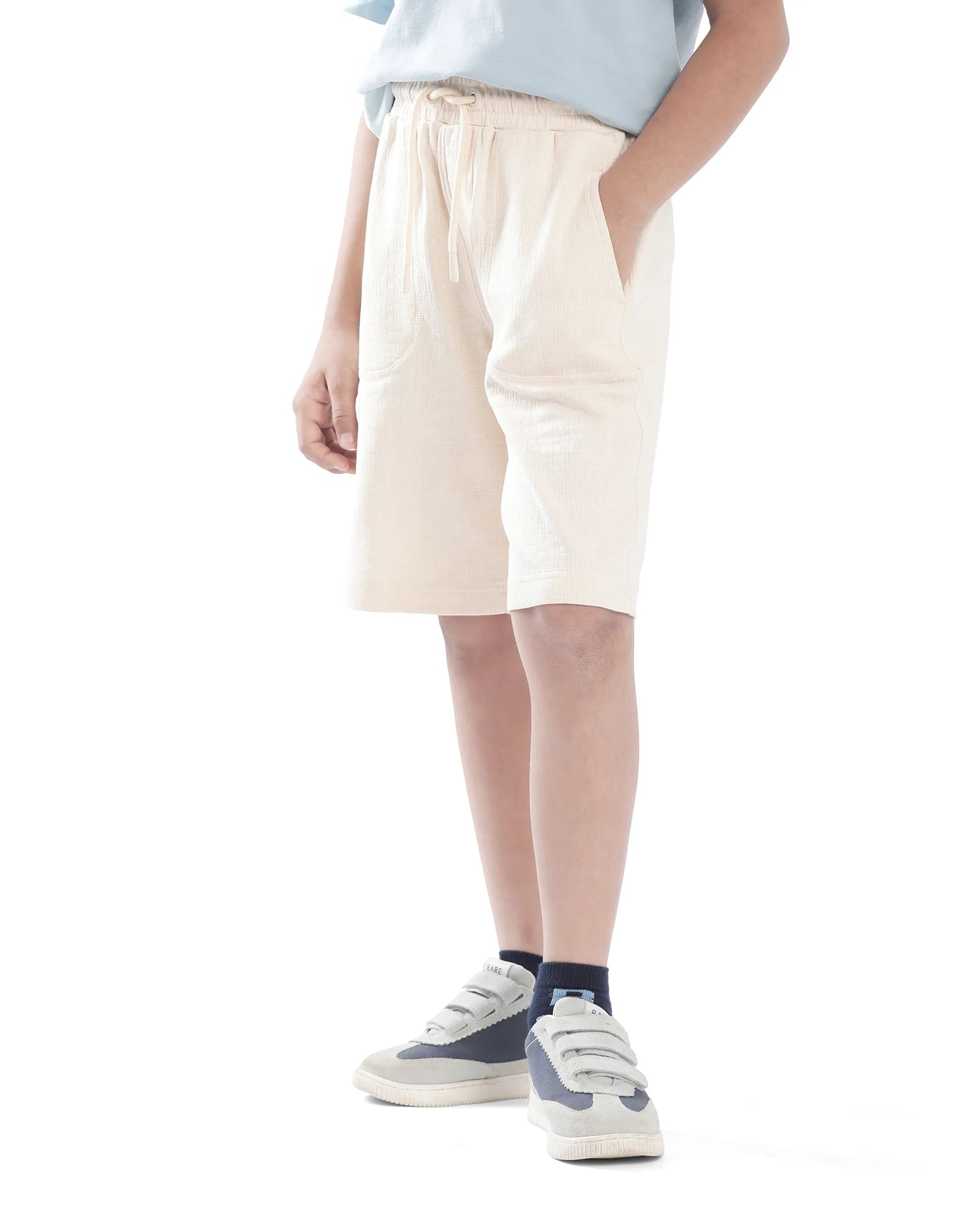 Rare Ones Kids Oryn Beige Cotton Blend Drawstring Solid Regular Fit Shorts