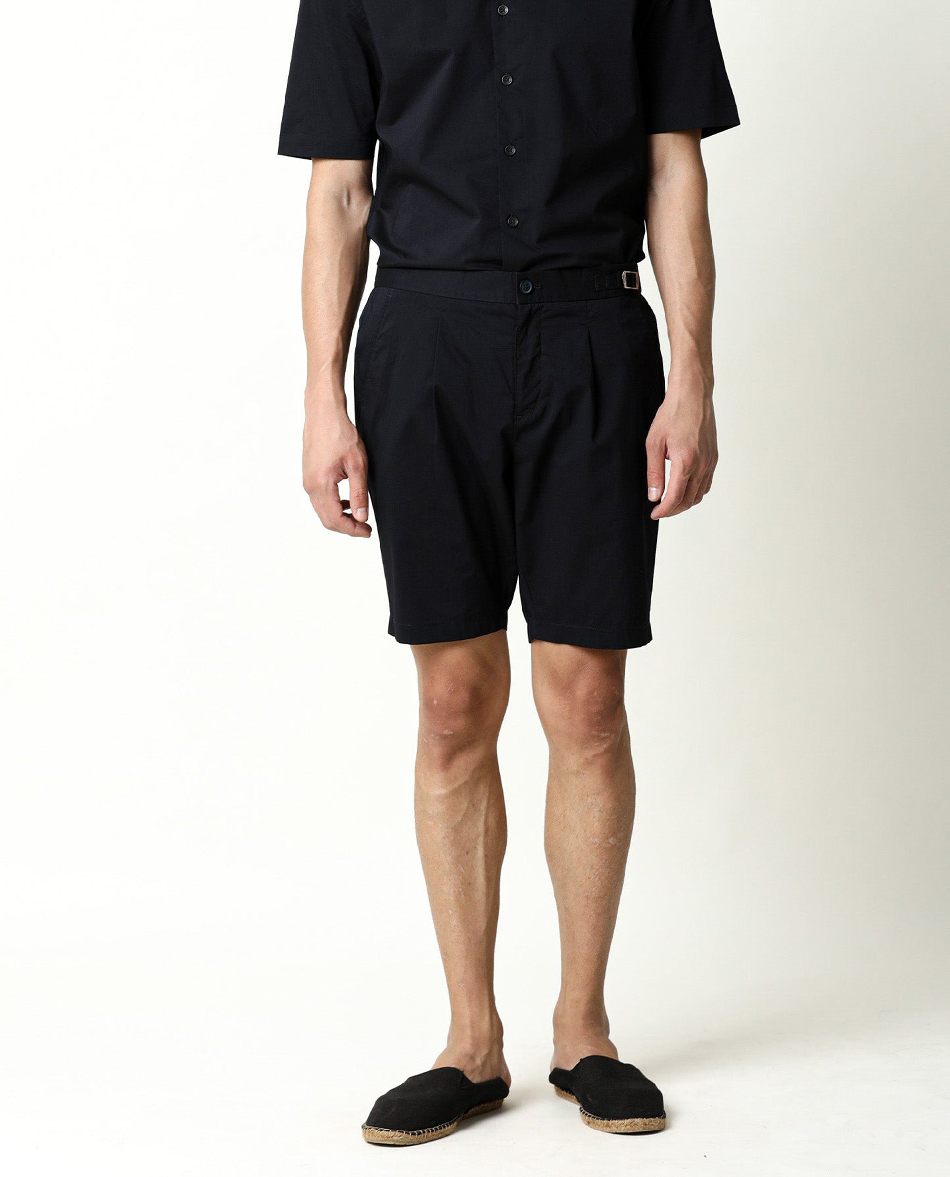 Rare Rabbit Men's Osaka Navy Slim Fit Mid Rise Waist Button & Zip Closure Shorts