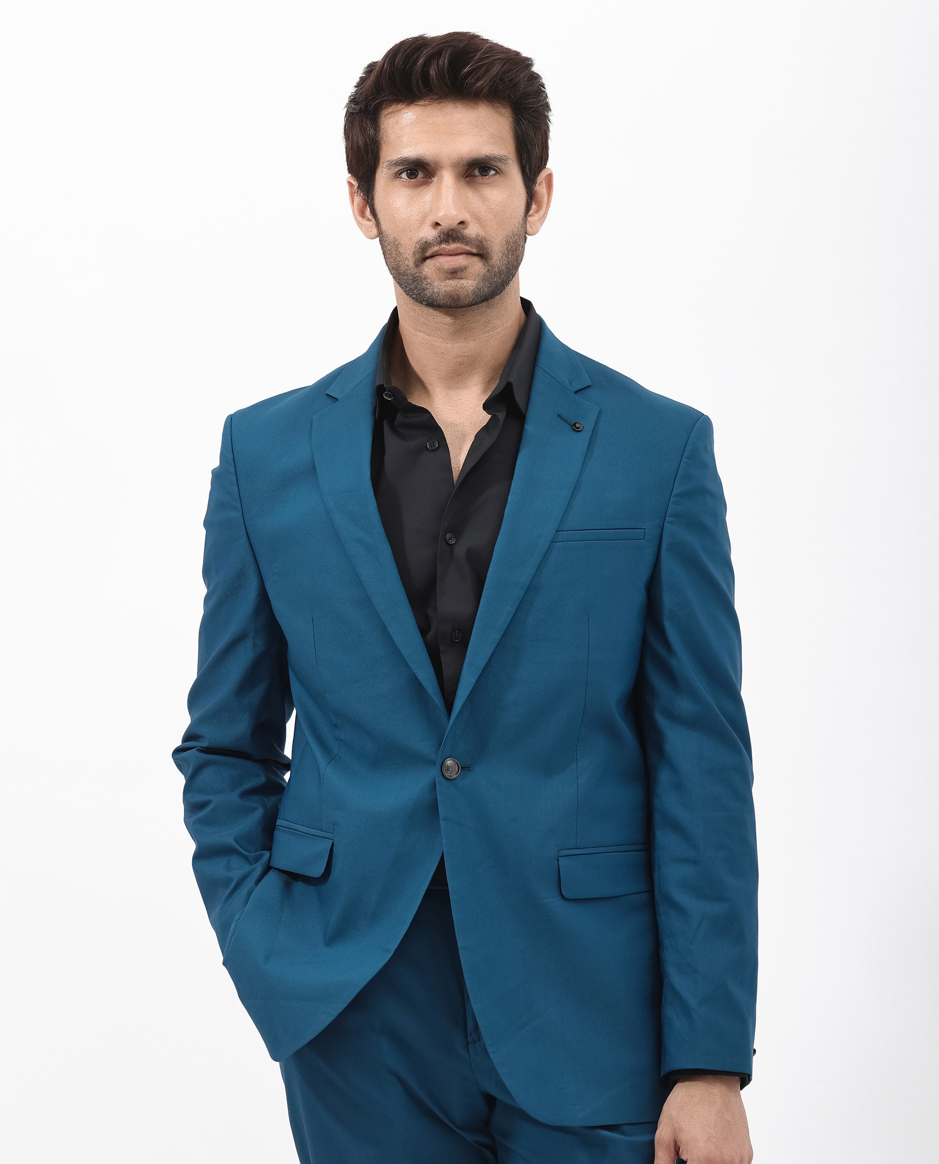 Rare Rabbit Men's Oscar Dark Teal Polyester Viscose Fabric Notch Lapel Button Closure Single Breasted Cavalry Twill Suit