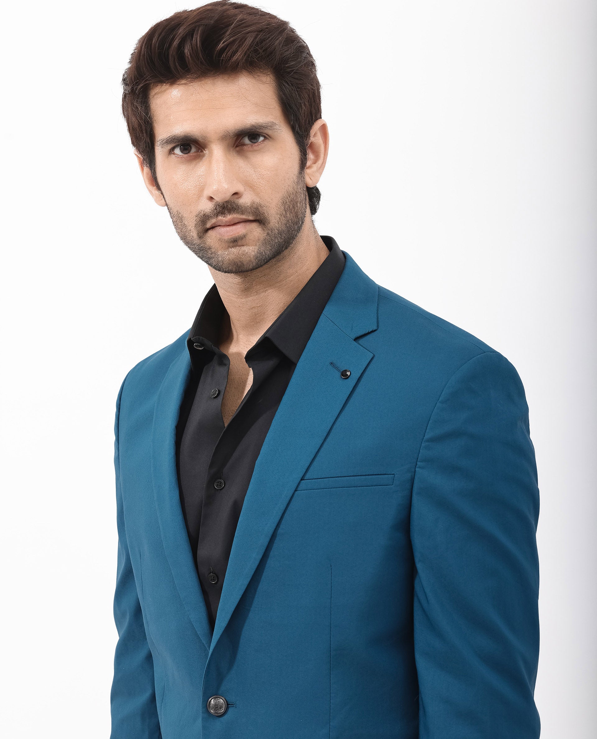 Rare Rabbit Men's Oscar Dark Teal Polyester Viscose Fabric Notch Lapel Button Closure Single Breasted Cavalry Twill Suit