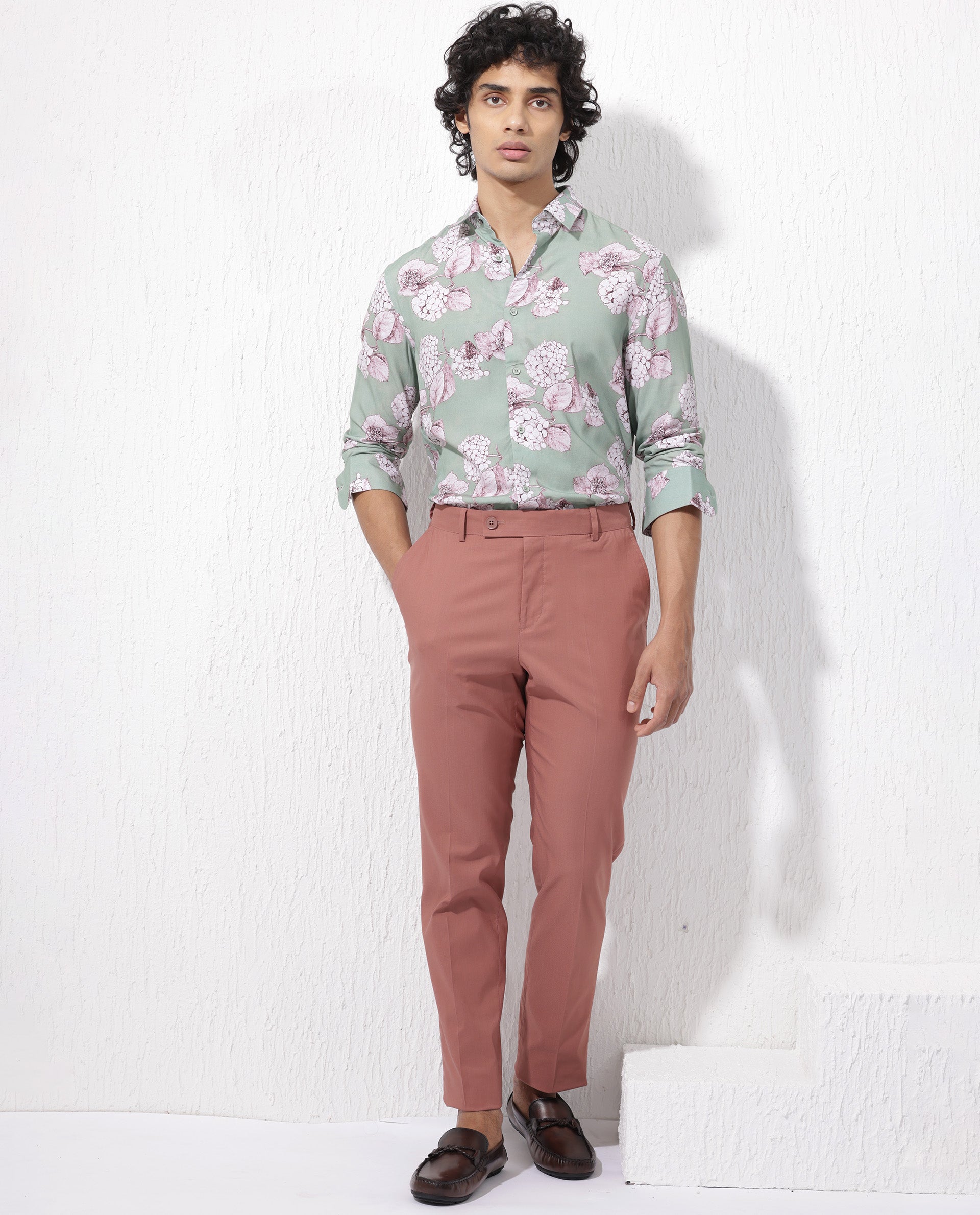 Rare Rabbit Mens Sakura Dusky Green Cotton Full Sleeve Decorative Print Shirt