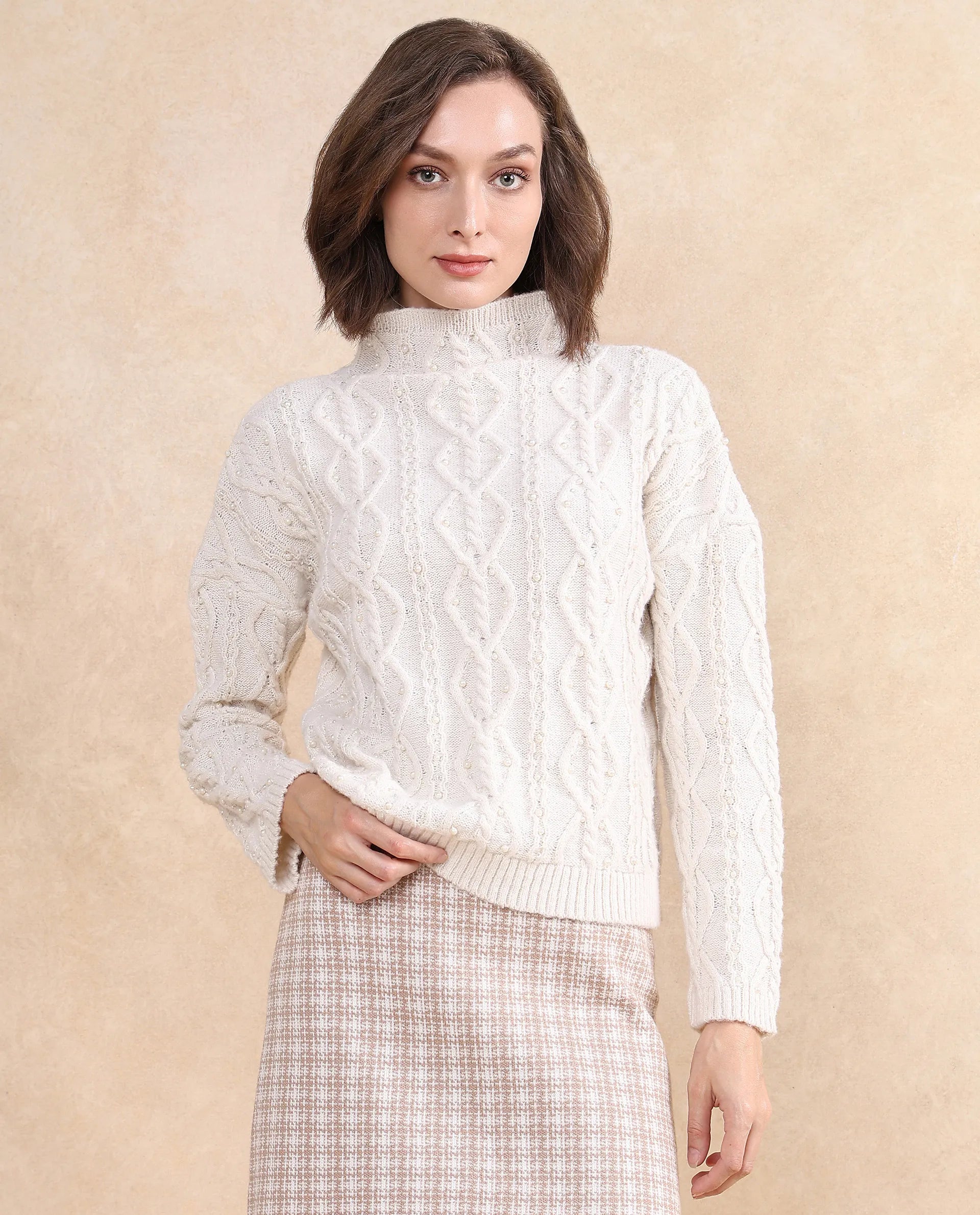 Rareism Women Osmaniye Off White Plain Sweater