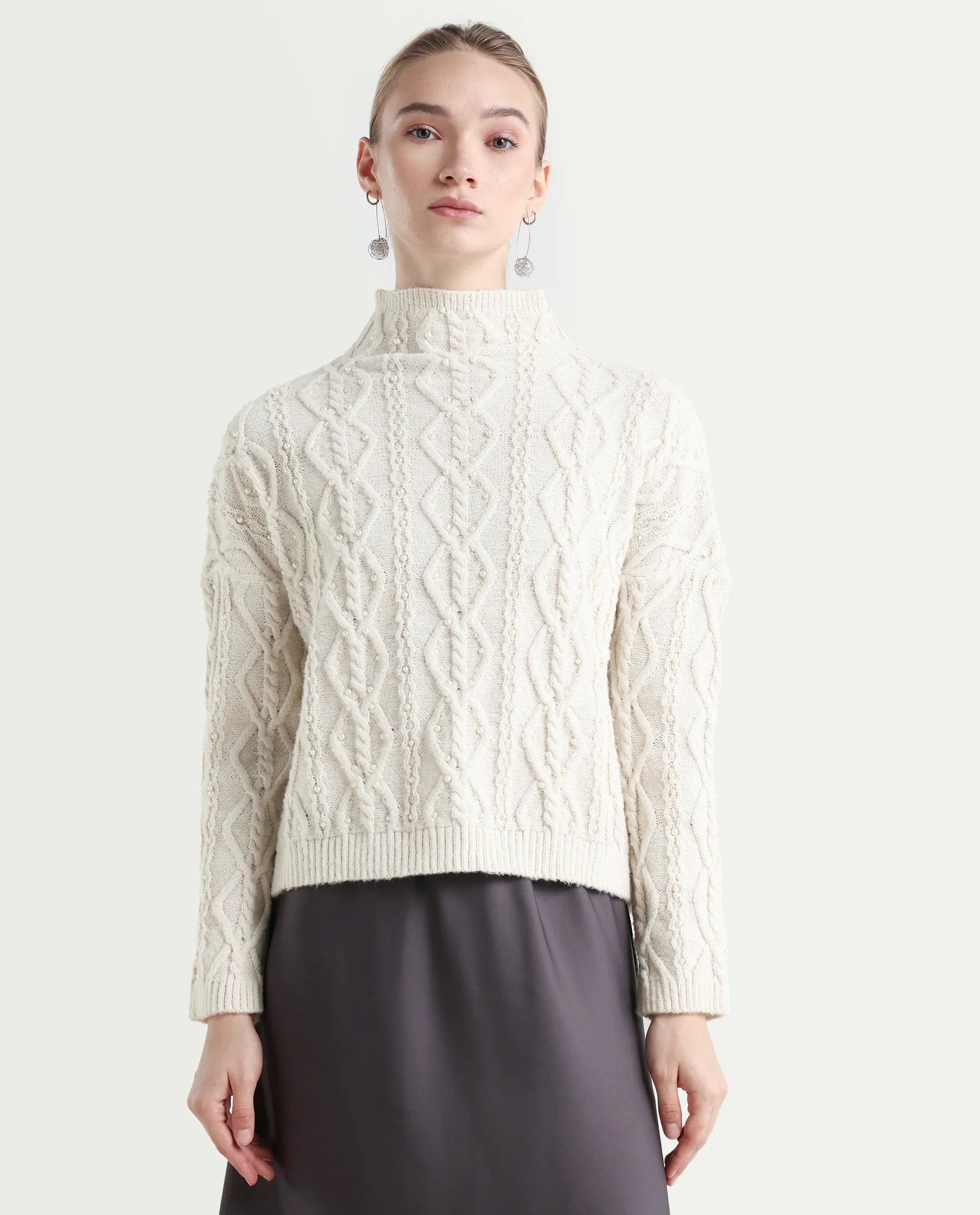 Rareism Women's Polyester High Neck Plain Relaxed Fit Sweater